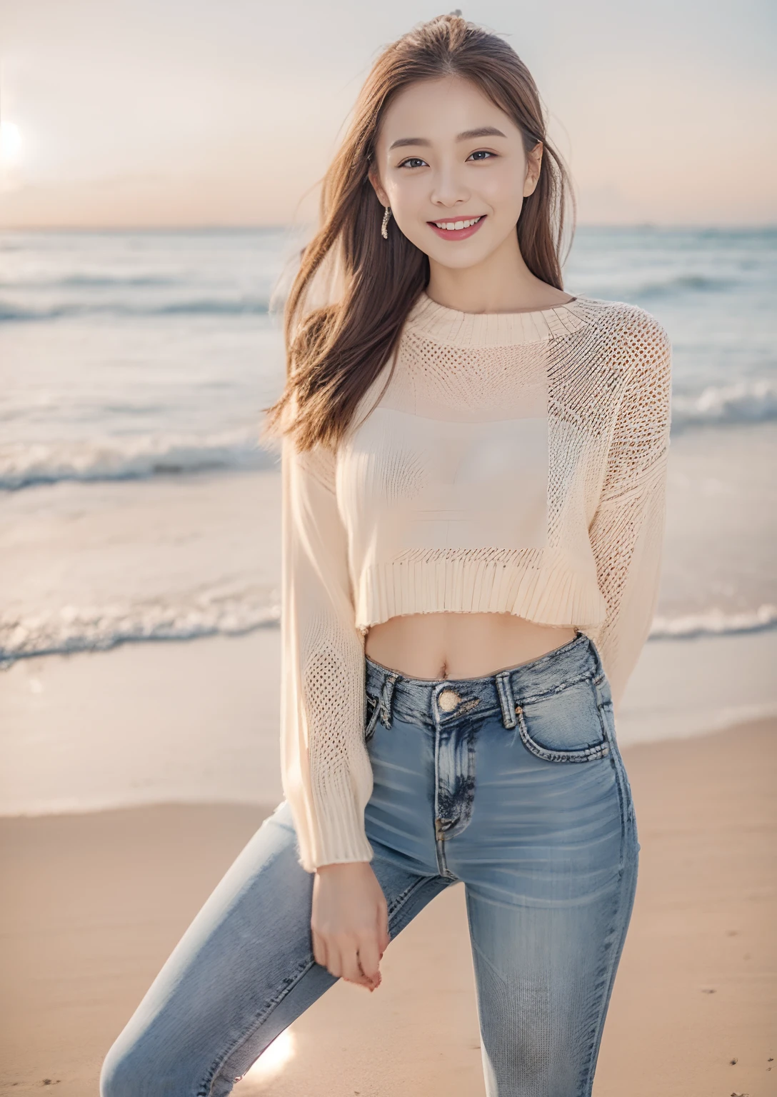 Woman in jeans on the beach,Dancing sexy,Full body shooting:1.8(RAW photogr,超高分辨率,8K,HD,tmasterpiece,best qualtiy),Complicated details, 20 years old Asian woman,Wear a women's cropped skinny sweater(Slim,Tightly attached to the body)and trendy jeans with open navels,Realistic and detailed costumes,Detailed beach,A sweet smile appeared on the little face,The face is white and tender,skin lightening,Ultra-realistic facial details,Beautiful accessories,Playful and coquettish pose,The calves are straight and slender:1.5,Wear high-end branded travel shoes:1.5,eventide,warm color,Broad lighting,naturalshadow,taking a full body photo:1.8