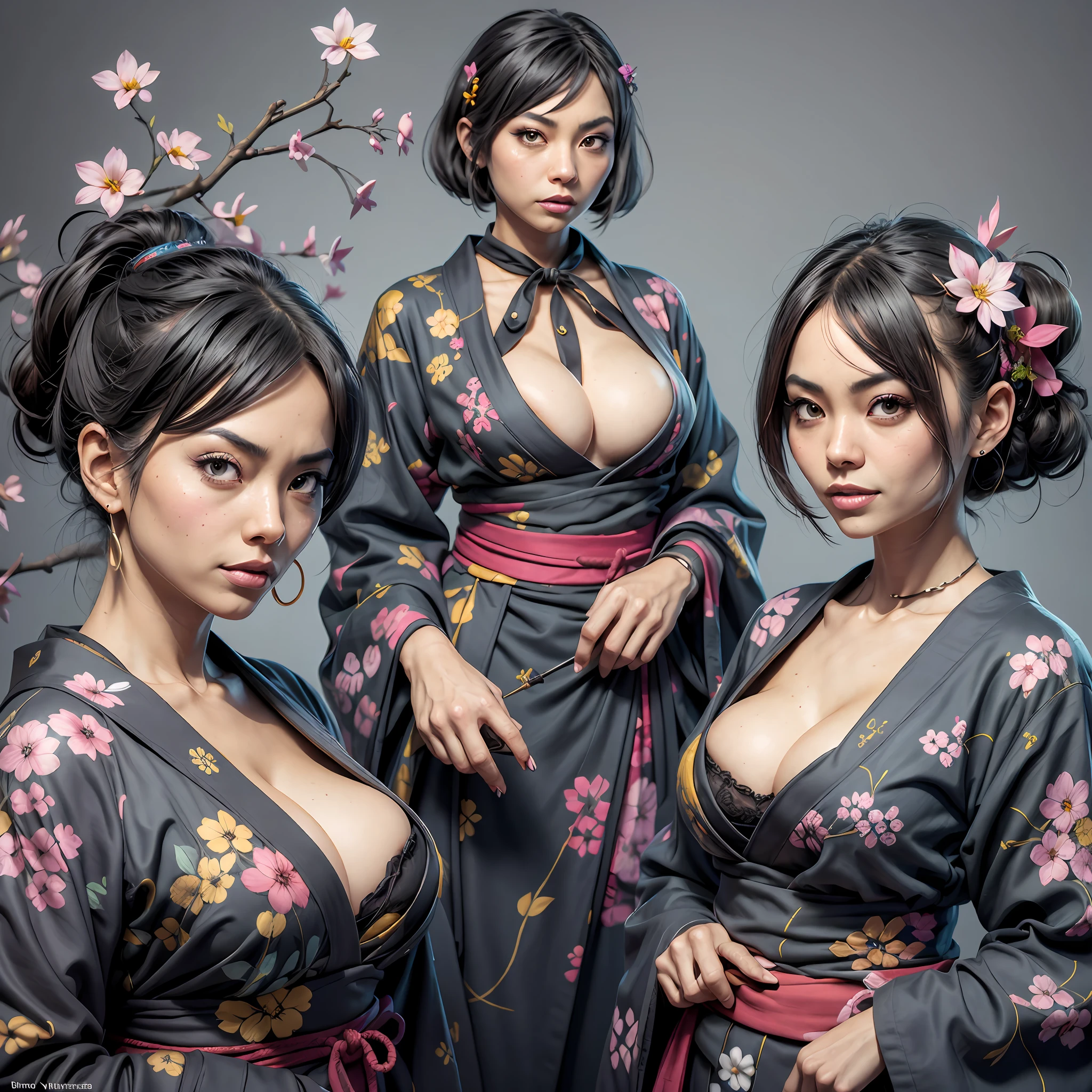 (Masterpiece), (Excellent), (Super Meticulous), (Full Body: 1.2), Super Beautiful Woman, Japanese Female in stunning kimono, huge breasts, showing cleavage, skindentation, (Mature face:1.4) Beautiful, Sakura leaves pattern, Sexy, Bursting, Oriental Face, TV Anchor, Bust Portrait Illustration, Alone, Black Suit, Blue Tie, Slightly Chubby Face, Very Clean Face, No Beard, Black Super Short Hair, Black Eyes, Confident Smile, 3c Computer Sub-Products, iPad, iPhone, Digital Painting, 3D Character Design by Mark Clairen and Pixar and Hayao Miyazaki and Akira Toriyama, The illustration is a high-definition illustration in 4K resolution with very detailed facial features and cartoon-style visuals.