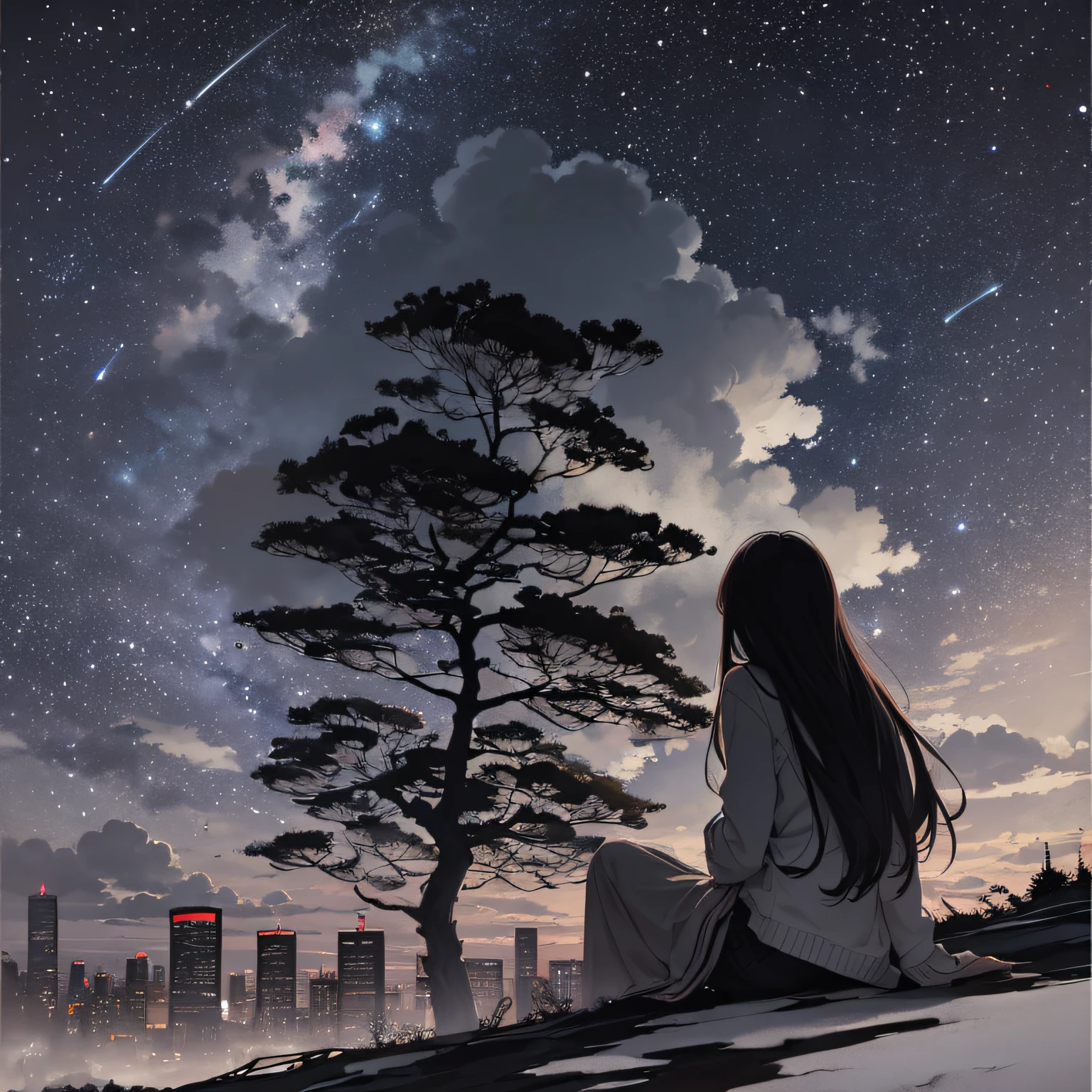 sky, star(sky), landscape, starry sky, night, one girl, night sky, solo, outdoors, building, clouds, milky way, sitting, tree, long hair, urban, silhouette, cityscape, chinese traditional ink painting,