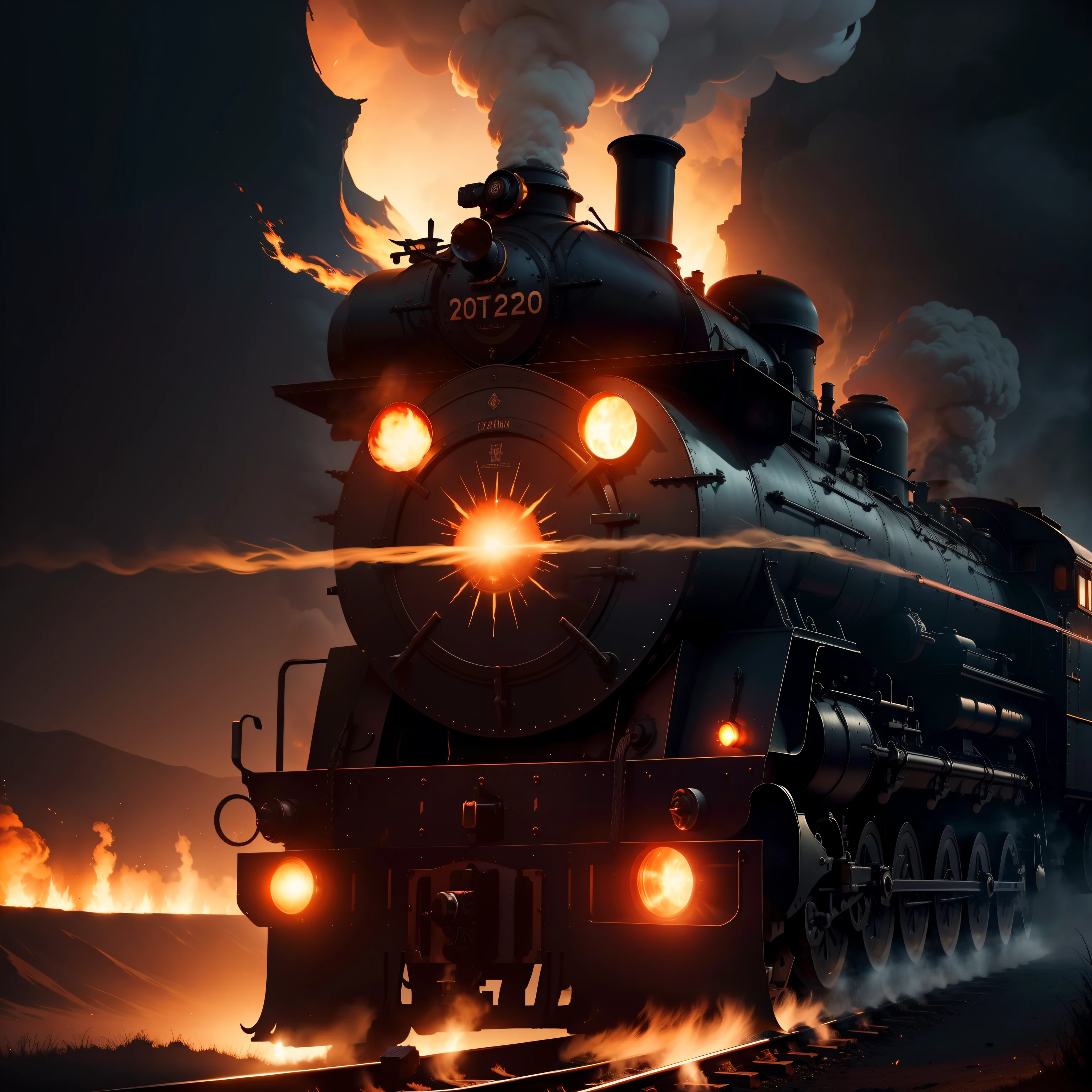 "A magnificent monster train piercing through the pitch-black night, enveloped in dense mist, trailing black smoke from its chimney, accompanied by mesmerizing fire particles and a radiant glow, creating a masterpiece of realism in stunning 8k quality."