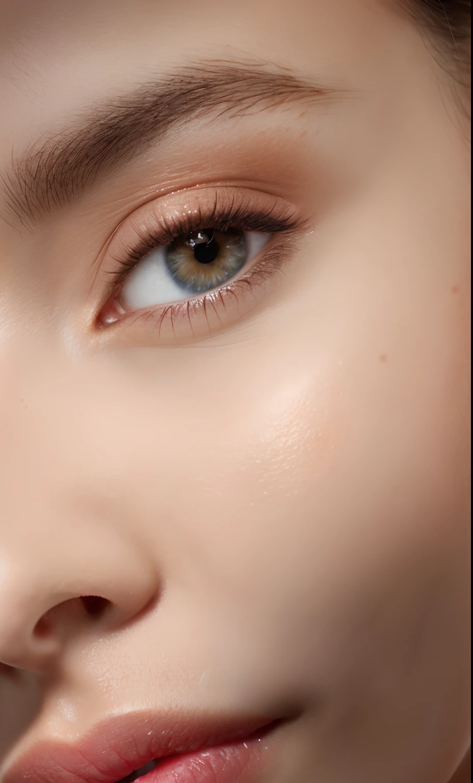 There is a close-up of a woman's face and red lipstick, closeup shot of face, smooth textured skin, Smooth facial features, Visible pores, closeup of face, closeup of face, diffused natural skin glow, Glossy glossy skin, Dewy skin, closeup of face, medium close up shot, close up at face, woman with porcelain skin