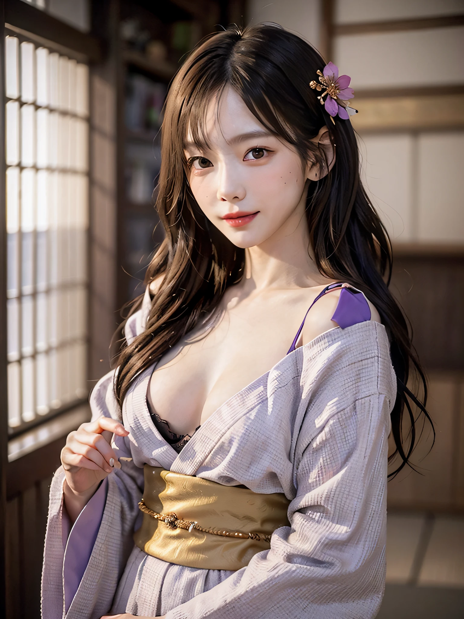 film photography, 1girl, japanese_clothes, purple and golden kimono, seductive smile, medium breast, full body, drunk blush:1.5, wavy shoulder-length hair, serene, calm, (realistic detailed eyes, natural skin texture, realistic face details), soft dramatic lighting, depth of field, bokeh, vibrant details, finely detailed, hyperrealistic