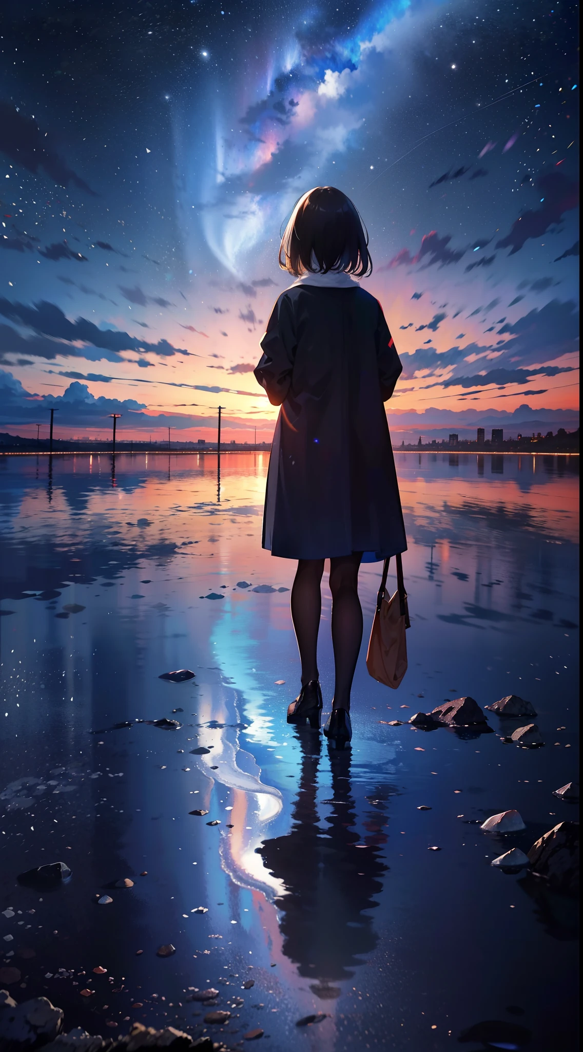 （（best qualtiy））， （（tmasterpiece））， （（Long-range shots）），early evening， A woman who is，Stand in the salt lake，The surface of the water is like a mirror，Reflecting the sky。Look at the sky，The Milky Way is in the sky。
