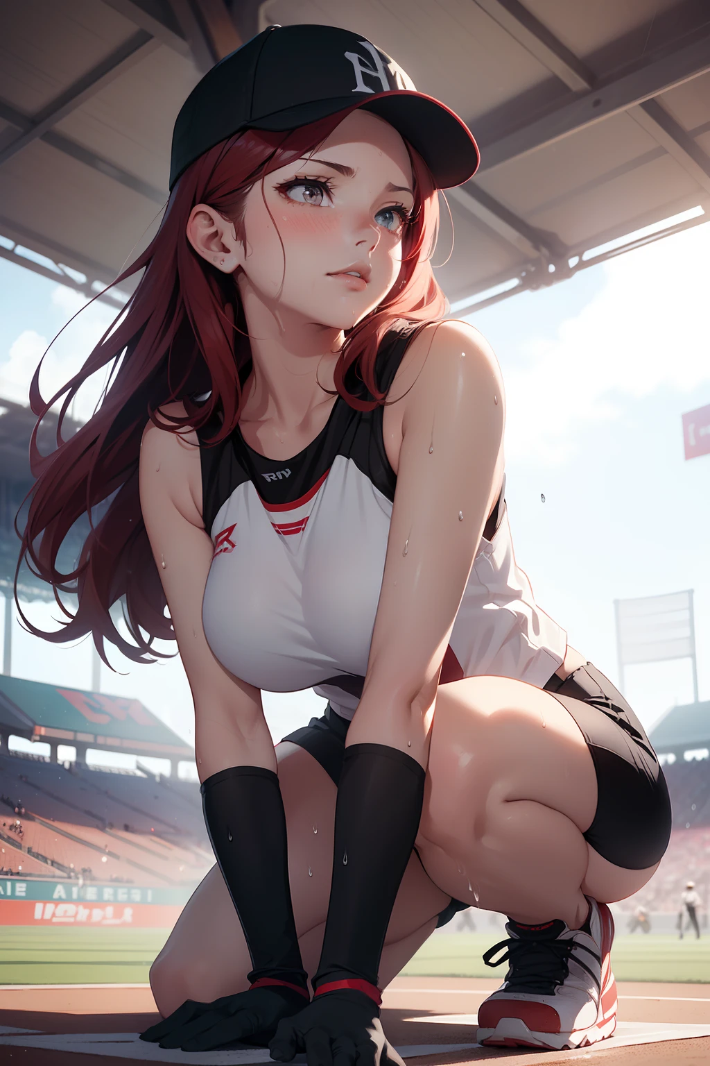 (masterpiece, 4k, best quality), photorealistic, cinematic, 1 girl, medium red hair, ((close-up shot, crouching, front view:1.5)), both hands on the knees, looking at the viewer, perfect anatomy, curvaceous body, alluring, perfect eyes, detailed eyes, ((lips slightly parted:1.5)), large chest, round ass, round legs, (((sweaty body))), sweaty skin, a determined female baseball pitcher, (((she wears a fitted and wet sleeveless team jersey with her last name 'Smith' on the back))), the jersey is paired with white baseball pants that have red piping down the sides, (((she wears a black glove on her left hand))), poised for a powerful pitch. her cap bears the team logo, casting a slight shadow over her focused eyes, a thin and adjustable headset rests over one ear, allowing her to communicate with the catcher seamlessly. behind her, the pitching mound rises, and in the distance, a sunlit stadium full of cheering fans sets the scene, extremely detailed Artgem, IG model, alena aenami and artgem, krenz cushart and artgem, artgem and atey ghailan