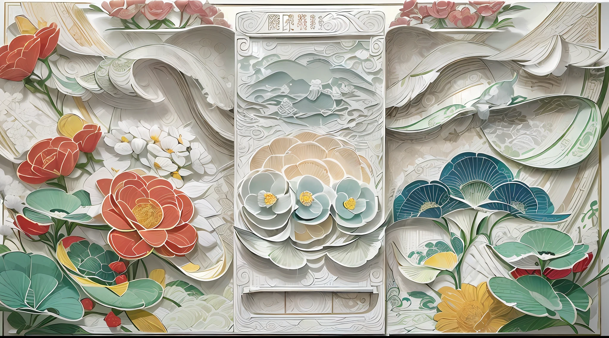 (White background:1.4),(colorful Oriental elements)，(Chinese illustration:1.3，paper art:1.3, Quilted paper art:1.2),( reasonable design, Clear lines, High sharpness,best quality, Very detailed, masterpiece, official art, movie lighting effects, 4K )