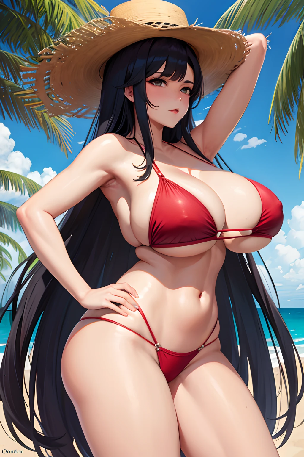 1 mujer, madura, pechos grandes, cadera grande, muslos grandes, red bikini, black hair, long hair, big boobs