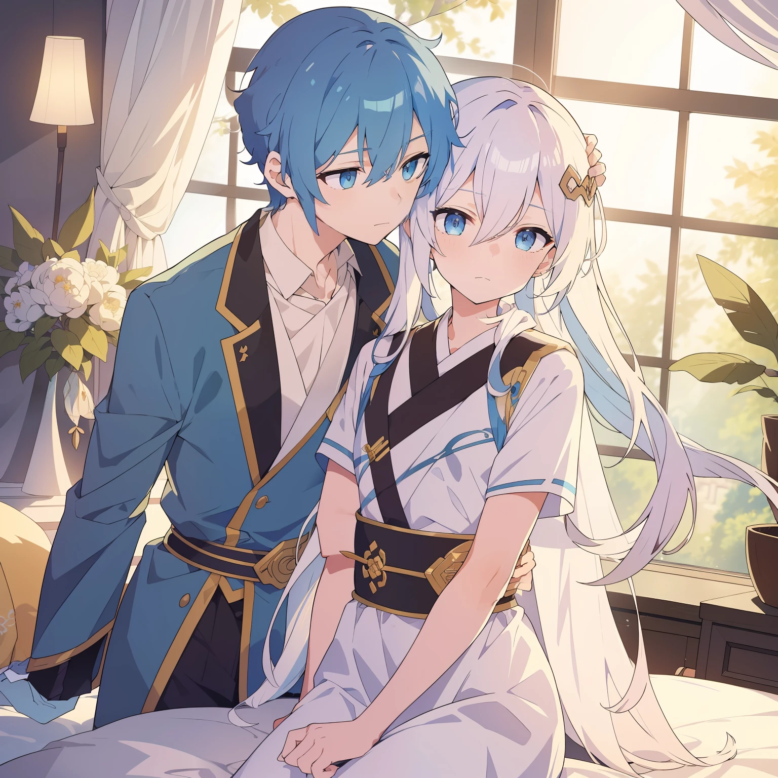 0～2 people)(((Best quality))),(((Ultra detailed))),(((Masterpiece))),illustration,"Qi Xuan(Libido boy)Will me(Kizi)The shoulder blades were pinched painfully，Urgent and painful" 
1. Qi Xuan: blue hairs, Yellow Hanfu, Dragon pattern
2. my(Kizi): White color hair, White Hanfu
3. Action: nipple pinch, urgent, suffering
4. garments: Hanfu
5. Scenes: on bedroom, Royal Palace, Ancient town