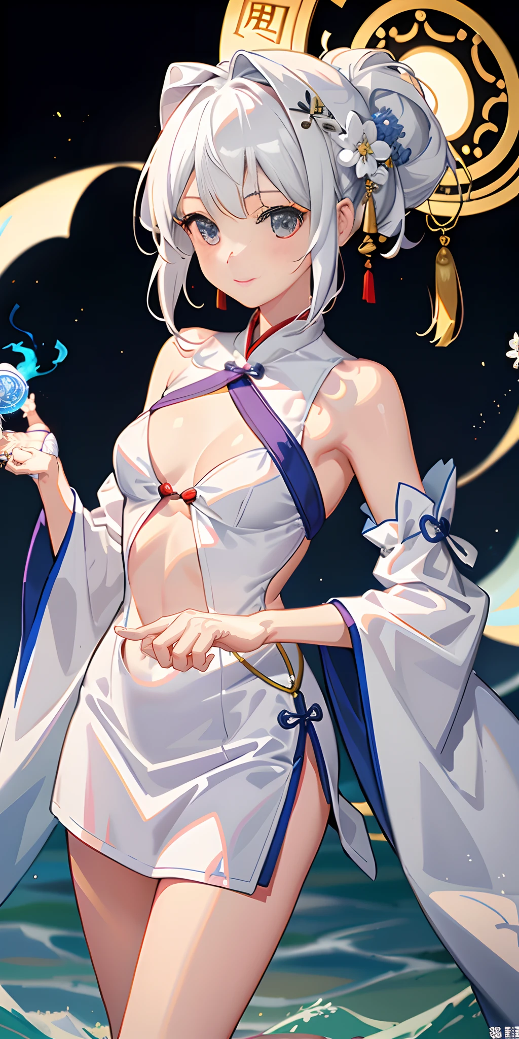 1girll, (Hanfu), with light glowing, side-lighting, Wallpapers, There are many beauties in swimsuits in the beach bikini pure girl blush background, Girl with short white hair, Beautiful hairstyle