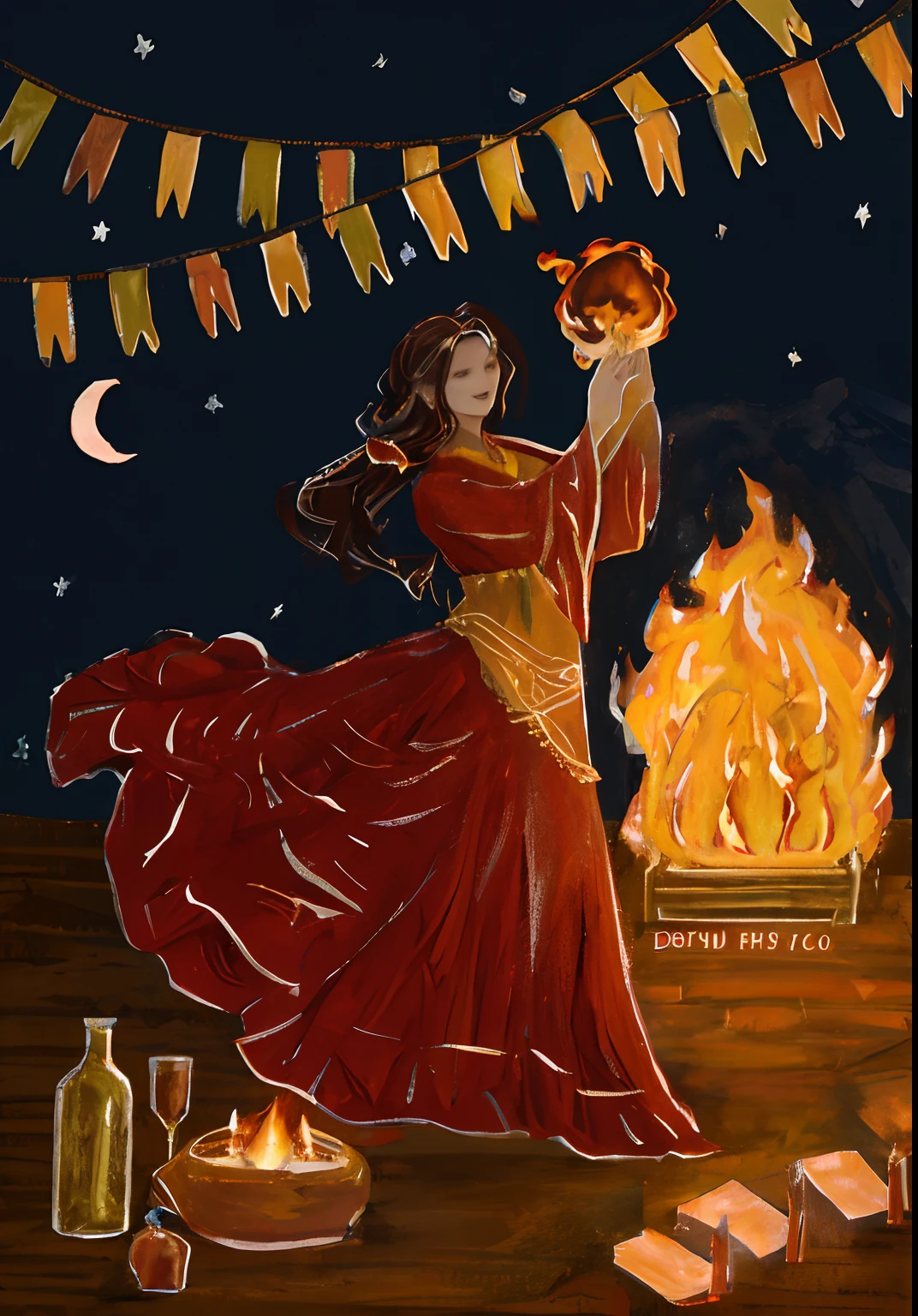 Painting of a woman in a red dress dancing in front of a fire, the sorceress casting a fireball, dancing around a fire, aparece como a deusa do fogo, A Deusa do Fogo, fire spell, A Rainha do Fogo, inspired by Lü Ji, deusa do fogo, holy fire spell art, a sorcerer casting a fireball, mago de fogo, persian folklore illustration