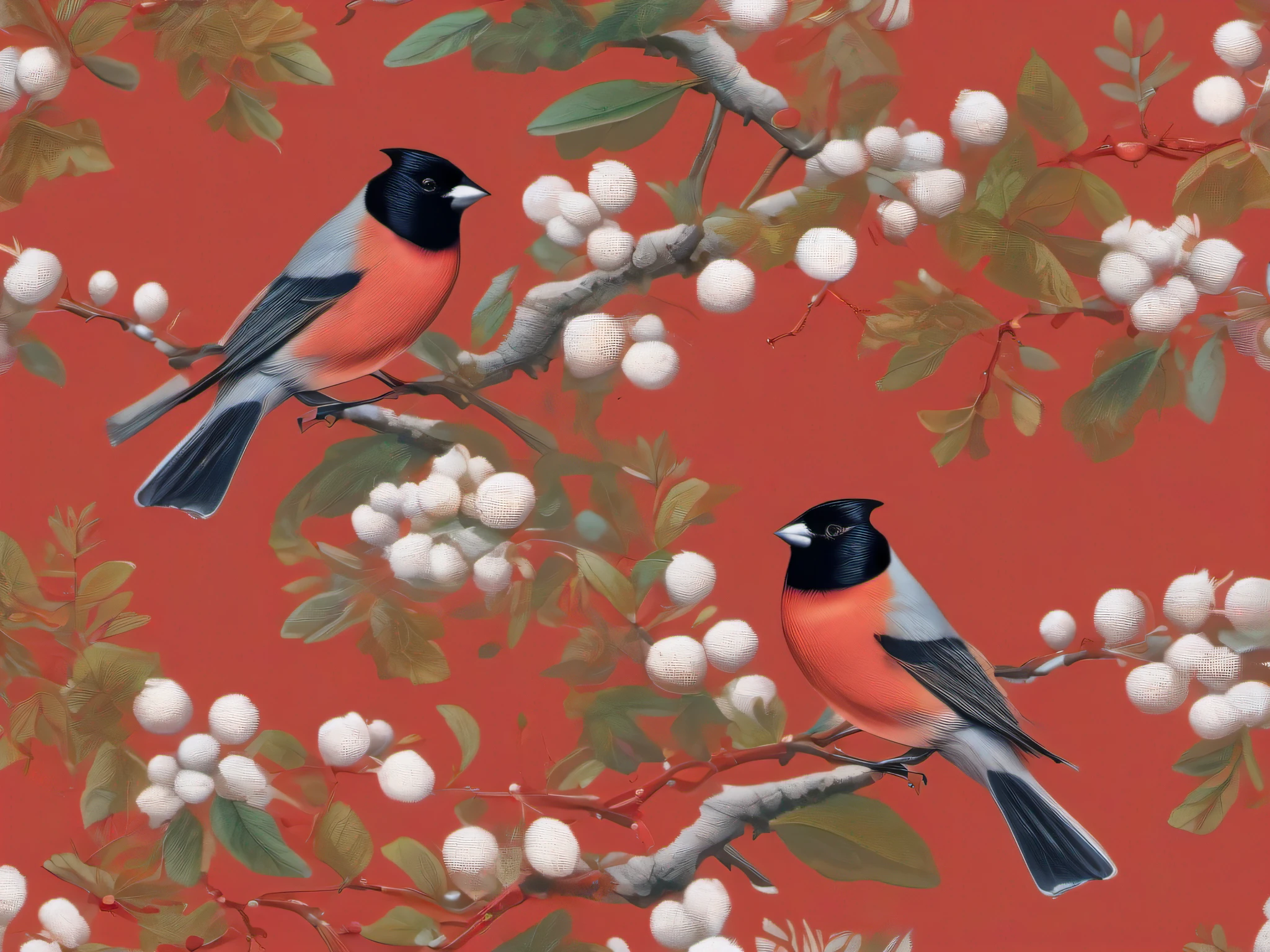 (Best Quality, tmasterpiece: 1.1), illustartion, Bullfinches on red mountain ash, Complicated details, chilling, excitement, Hyper-realistic, insanely detailed, ((Kazuo Oga Style, John James Audubon)), --AR 3:4 --s 750