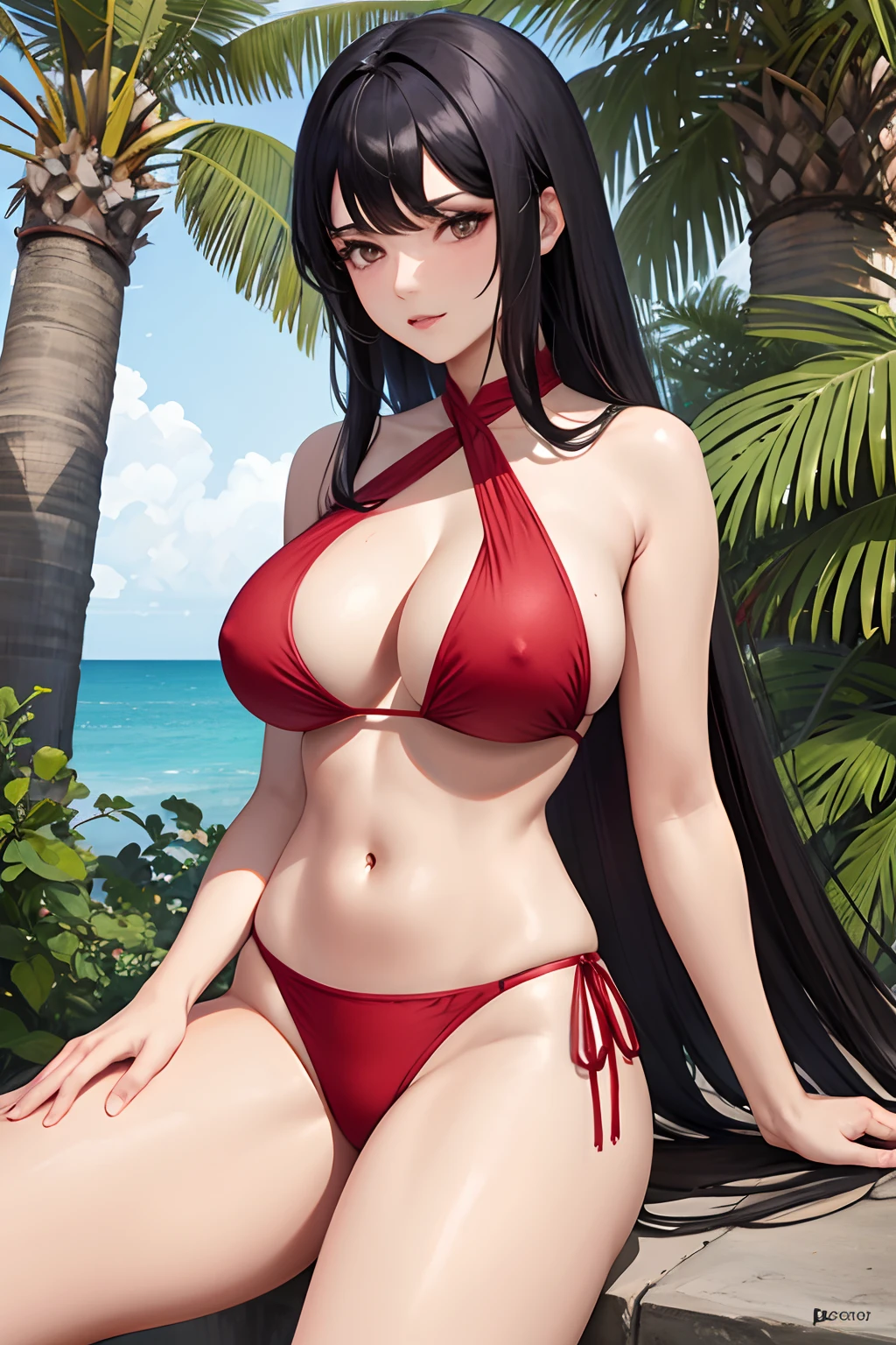 1 mujer, madura, pechos grandes, cadera grande, muslos grandes, red bikini, black hair, long hair, big boobs