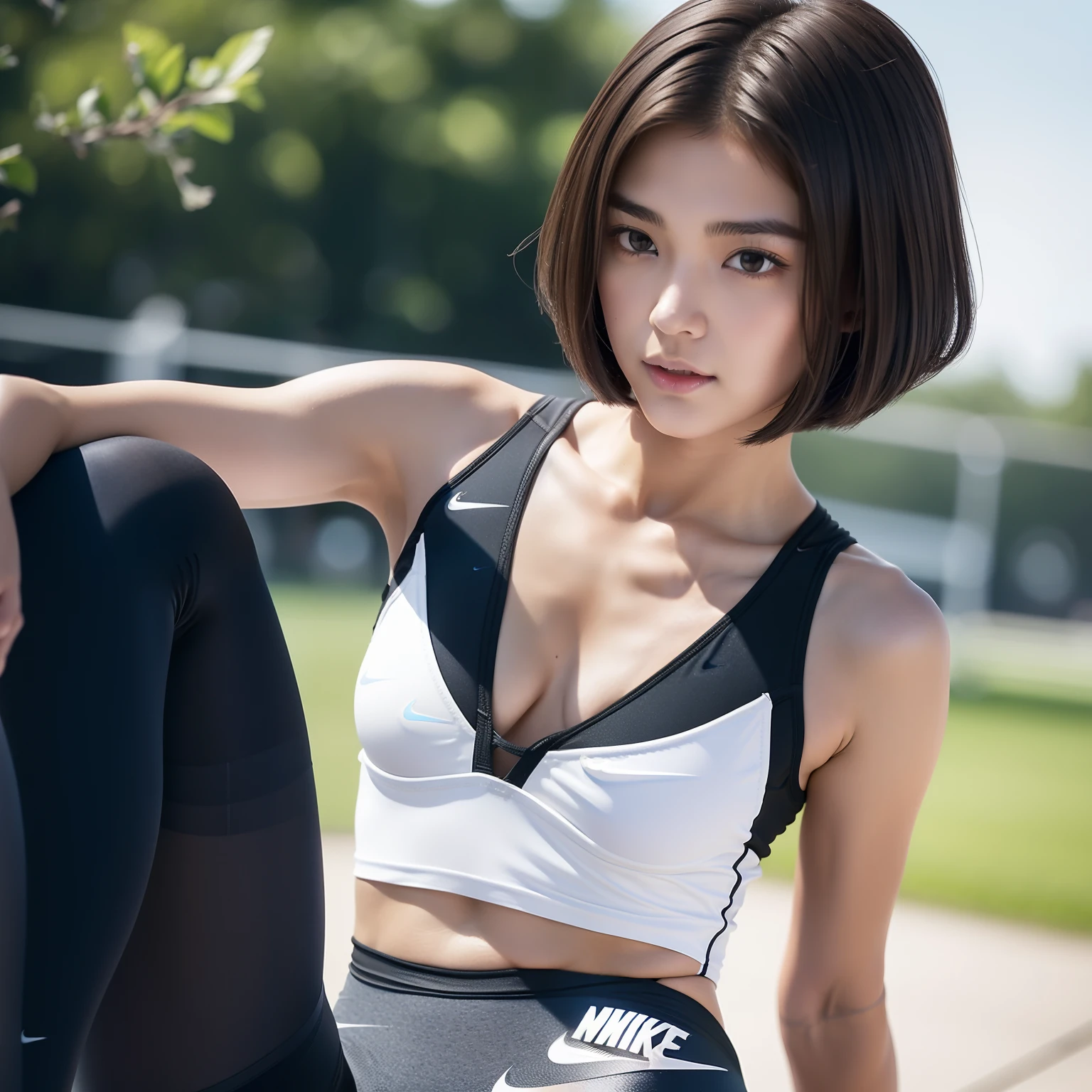 (Solo), (a detailed full-body RAW photo of a girl), (masutepiece:1.0), (Best Quality:1.4), (超A high resolution:1.2), (Photorealistic:1.4), 8K resolution, Canon EOS R5, 50 millimeters, absurderes, ultra-detailliert, (18yo), back focus, Cinematic lighting, Detailed beautiful face, (no-makeup:1.2), (ulzzang -6500-v1.1), petite figure, Detailed skin texture, (flat chest:1.4), (skinny and fit body:1.6), Detailed brown hair, sweltering,(Very short hair:1.5), See Through wear, (black Nike Competition Athletic Wear sports tights:1.5), More transparent, low rise, realistic glistening skin, Detailed texture, (erect nipples:1.0), Cameltoe, well-developed abs, (flat chest:1.2), (highschool athlete:1.2)