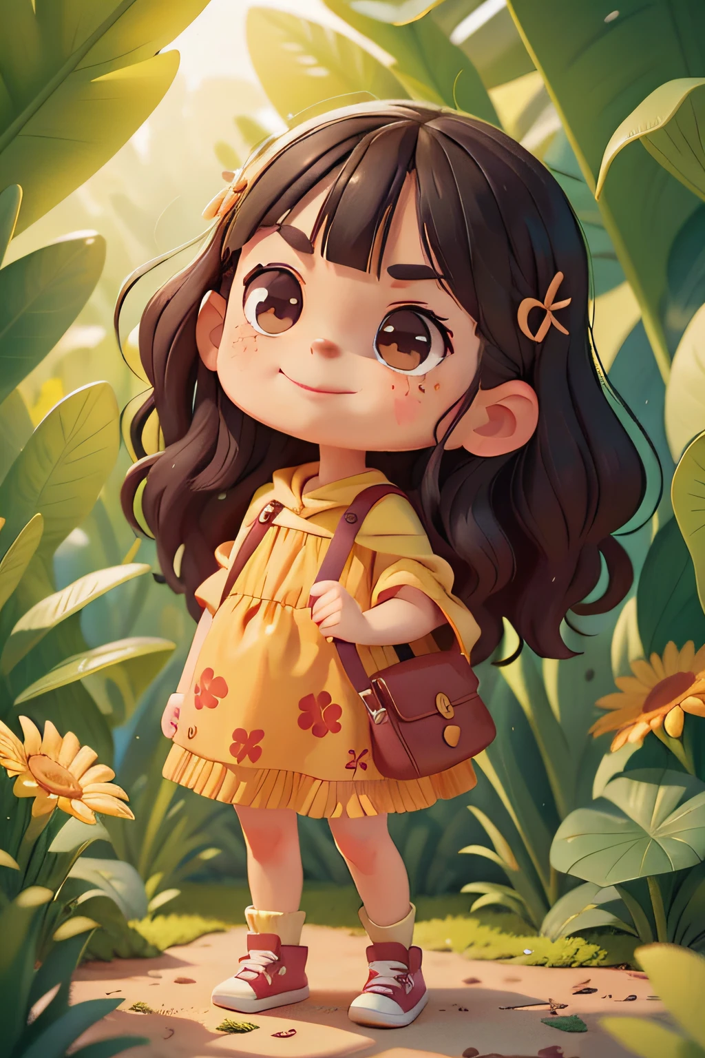 Children's art graphic novel, Very cute, Caricature, Wear a long sun-covered colored poncho，With plant pins, determined expression, Furrowed eyebrows, confident smile, and a slightly raised nose, ready for action. She has long black hair with bangs, freckle, Black eyes and cheerful smile. SHe was carrying a bag with some gadgets. Soft atmospheric lighting, A warm and inviting color palette. Whole body