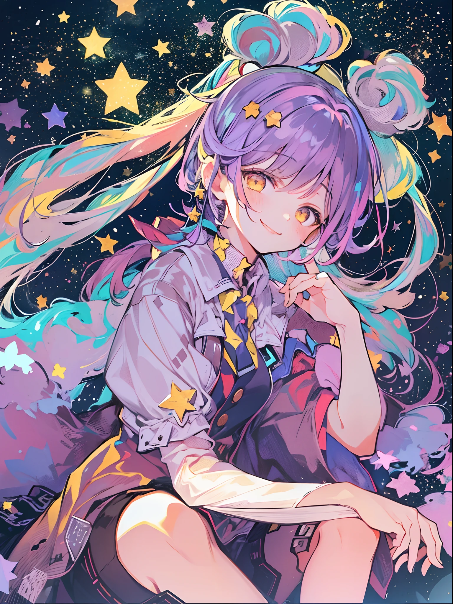 A girl with long hair and a star - shaped top sitting on a rock - SeaArt AI