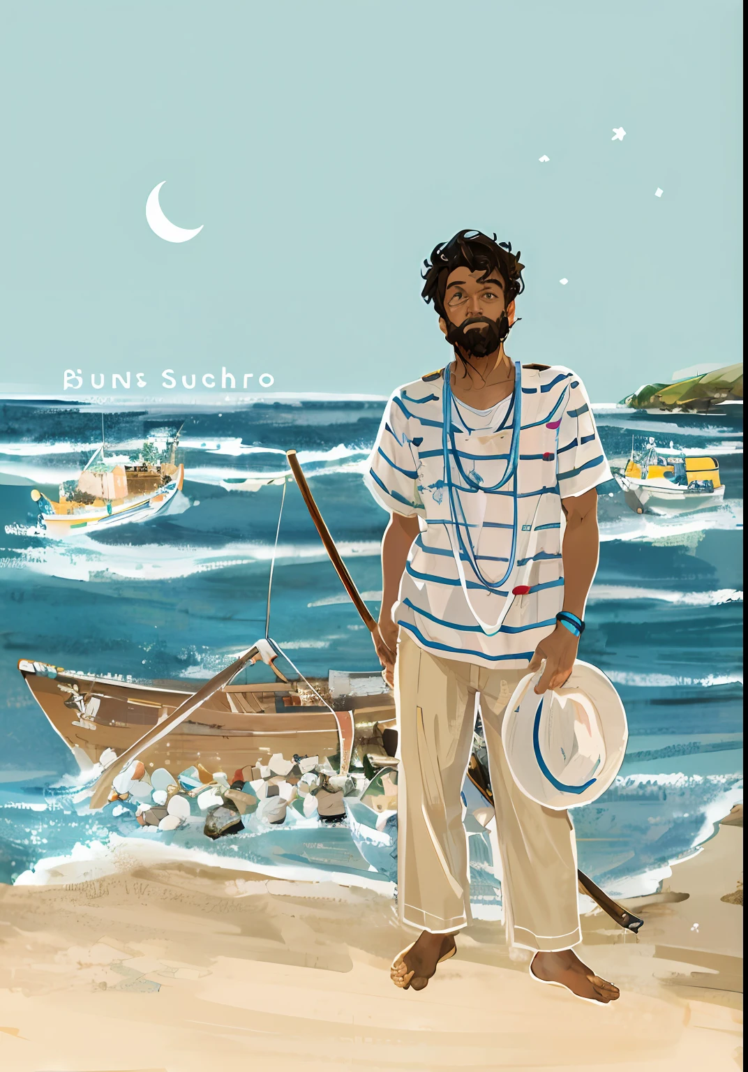 Painting of a man standing on a beach with a hat and a boat, stylized digital illustration, official illustration, digital illustation, cover illustration, in illustration style digital, Album art, arte oficial, full-colour illustration, album cape, inspired by Nuno Gonçalves, new album cover, album cape, Directed by: Yanagawa Nobusada, illustration!, digital illustation