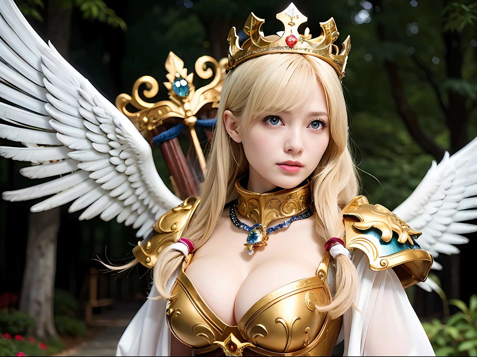 (masutepiece), Professional , ​masterpiece、top-quality、photos realistic , depth of fields （Gemstone Silver Metal Body:1.９),(Matte White、Jewel Gold Weapon、（Flying in the sky),Gorgeous metal weapons,(Detailed and realistic angel white wings) , Detailed Sword of the Brave , Beautiful knife 、delicated face、20 years girl  ,warhammer 40k , adepta sororitas,Detail and ornate jewel crown、a blond、(Gangle's forest background)、Beautiful Caucasian beauty、１a person、dynamic ungle,(((Detailed and ornate diamond crown)))、Smaller head、A smile、Powerful poses、（Gorgeous castle background）、Beautiful thin fingers of a woman、cleavage of the breast、beautiful fairies、