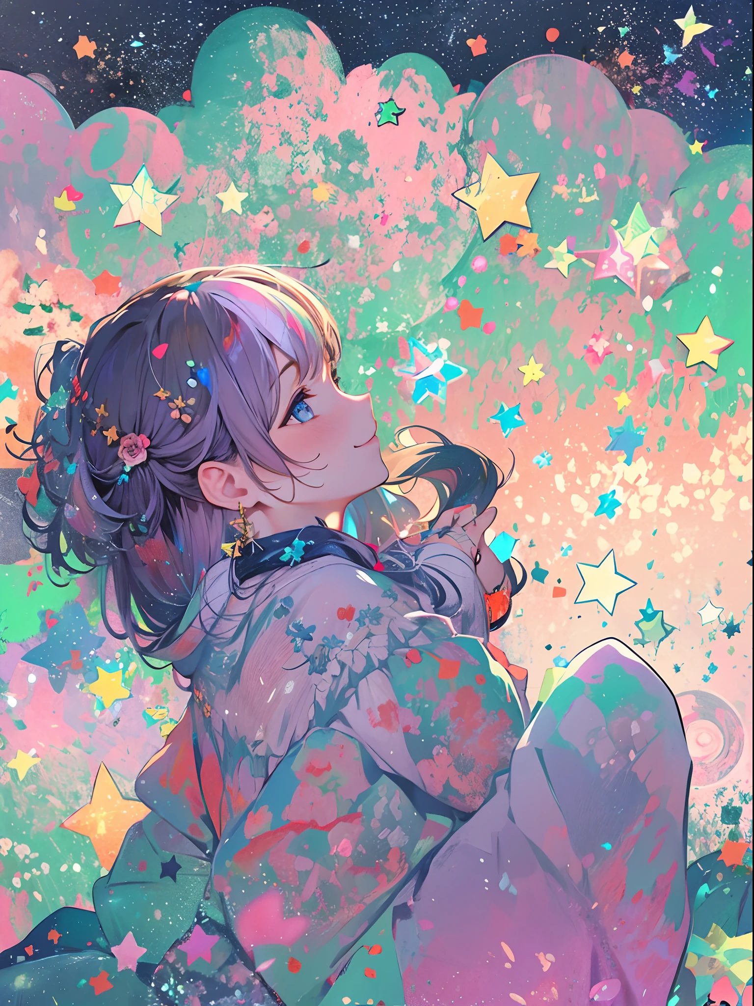 Girl, cloud, colorful, cool, masterpiece, sit, from side, (sideways), smile, starry, stars