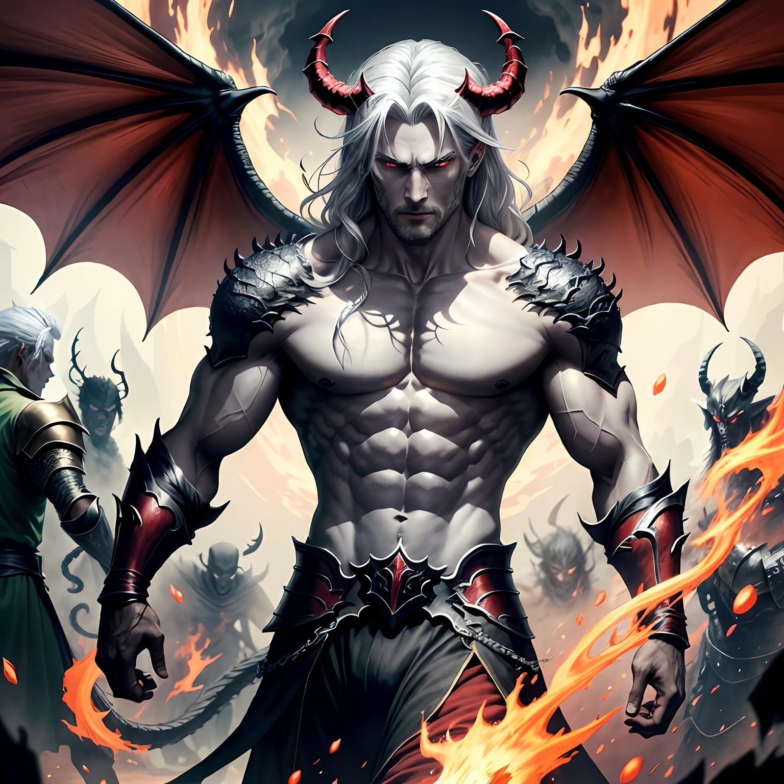 fight scene,Between the demon and the human race.,There's dragons fighting.,There are brave men and demon lords.,Brave man with silver hair, golden eyes.,The Demon Lord has a demonic body.