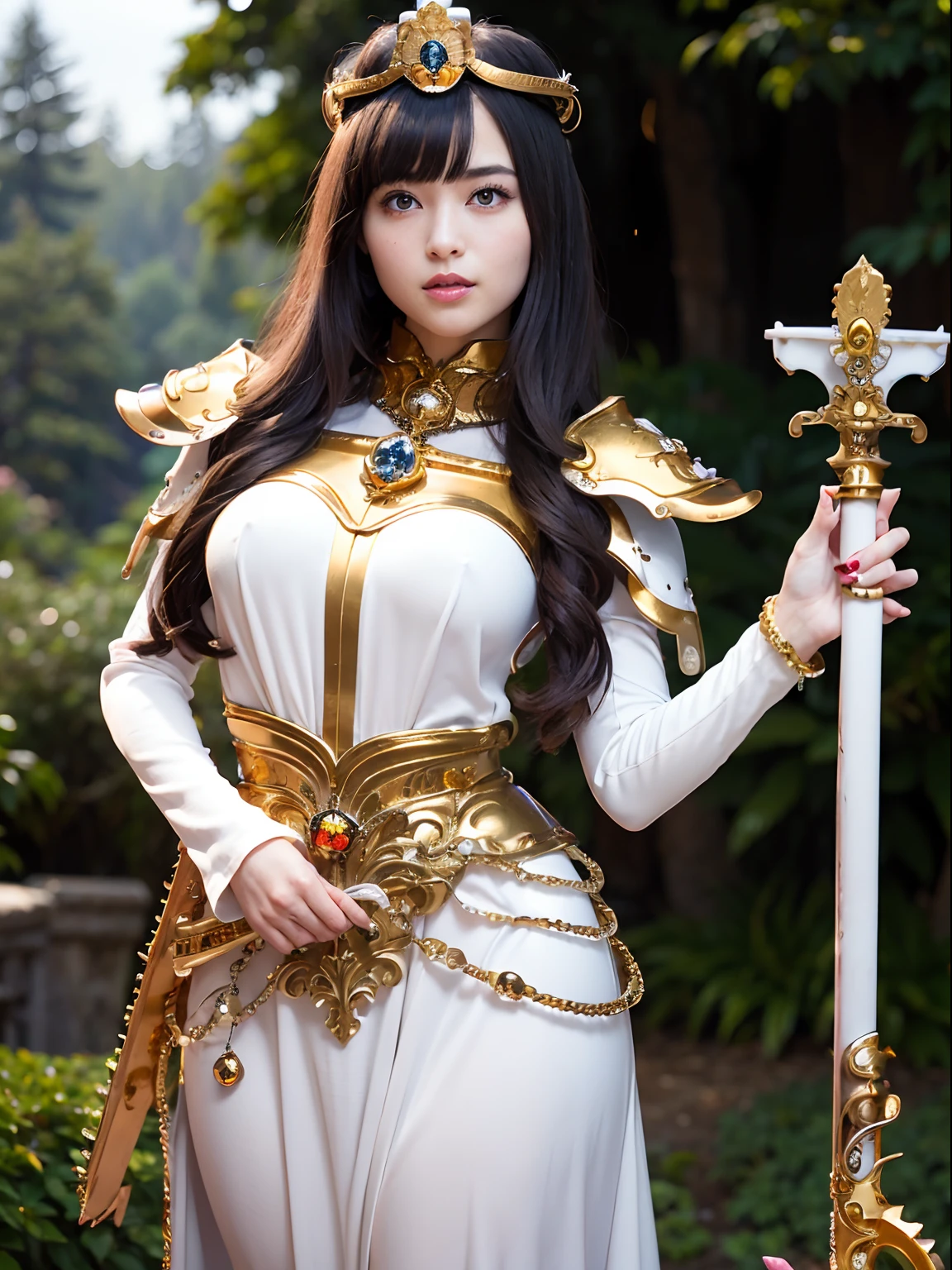 (masutepiece), Professional , masterpiece、top-quality、photos realistic , depth of fields (Gemstone Silver Metal Body:1.9),(Matte White、Jewel Gold Weapon(Jewel Metal Body:1.4),Gorgeous metal weapons , Detailed Sword of the Brave , Beautiful knife ,warhammer 40k , adepta sororitas,Detail and ornate jewel crown、Black hair、Gangle's forest background、Beautiful Caucasian beauty、1a person、dynamic ungle,(((Detailed and ornate diamond crown)))、Smaller head、A smile、Take a sexy pose、Background inside the castle、Thin and beautiful female hands、