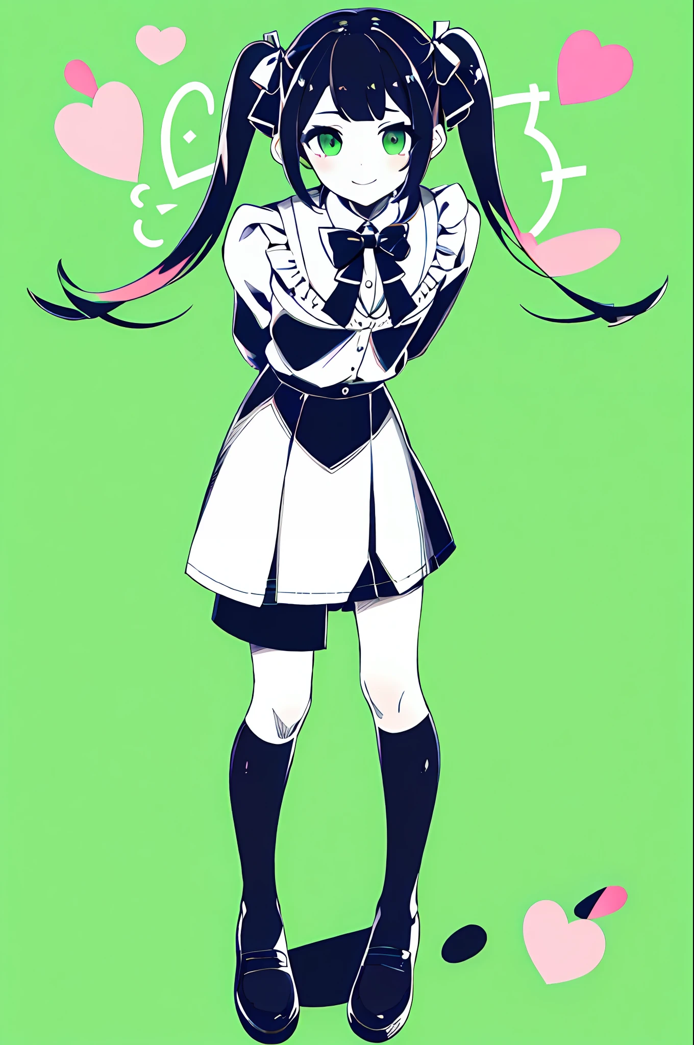 masterpiece,best quality,1girl,solo,long_hair,looking_at_viewer,smile,bangs,skirt,simple_background,shirt,black_hair,long_sleeves,bow,twintails,monochrome,hair_bow,heart,frills,shoes,bowtie,green_eyes,bra,heart-shaped_pupils,green_background,pink_shirt,arms behind back,jirai_kei,closed mouth,