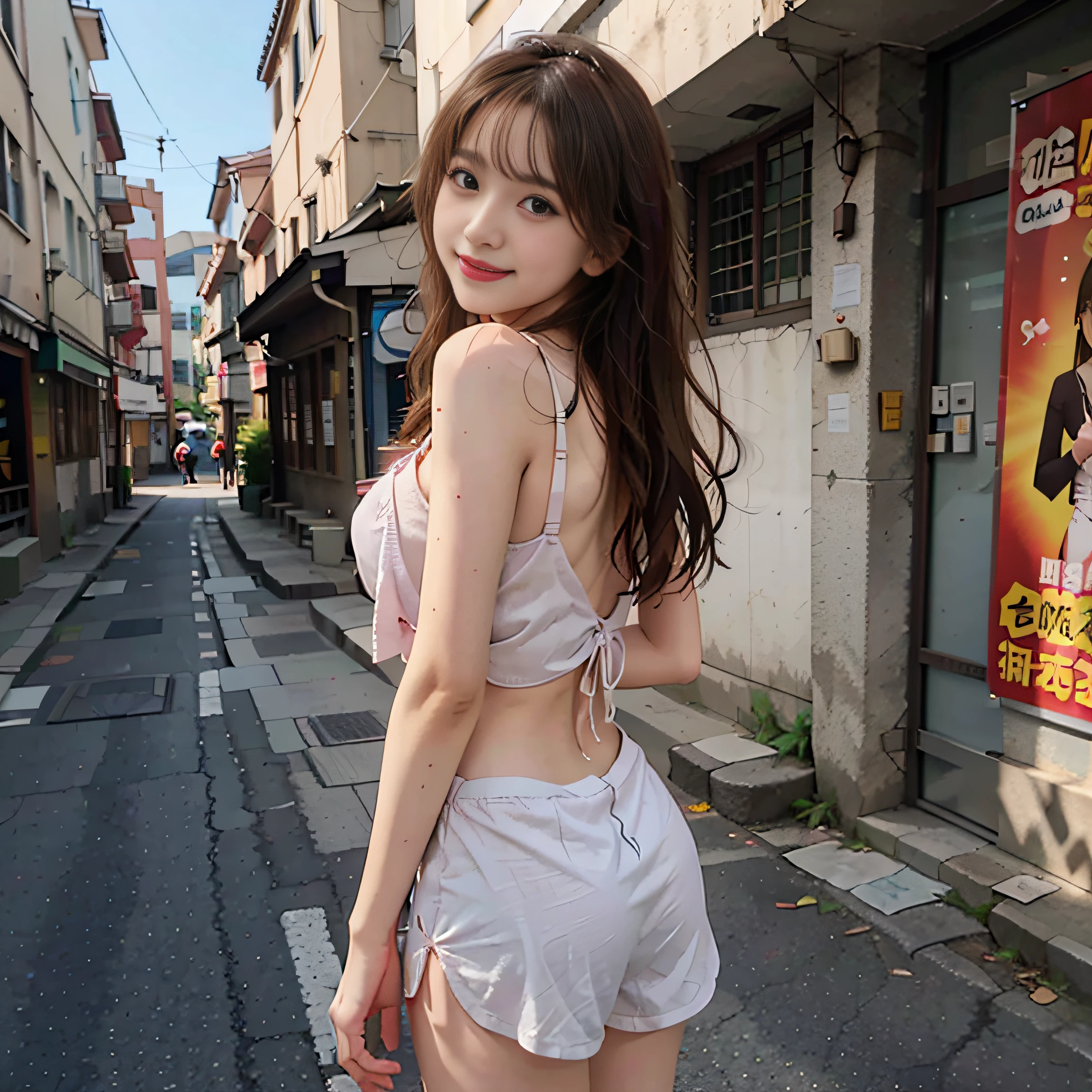 girl with、cute little、Chest exposed、Pink camisole、sleeveless、realistic skin textures 、二重まぶた、bangss、小柄、Thin leg、(Slim body)、((cleavage of the breast))、low angles、a smile、head gear、耳Nipple Ring、a necklace、Back alley、Looking at the camera、Background blur、telephoto lens