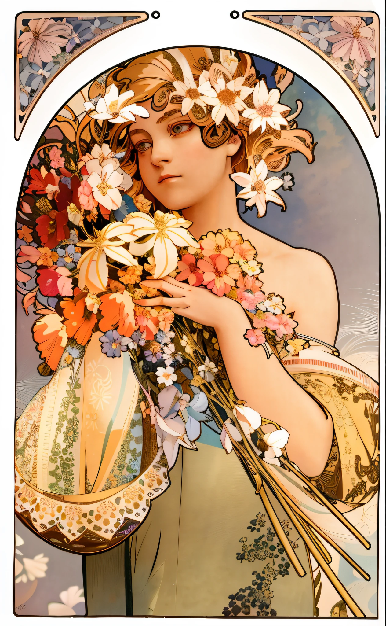 （in an art nouveau style：1.25）， Maximalism artstyle，neon theme，suprerralistic，beautiful detailed flowers，Beautiful detailed eyes，ultra - detailed，florals，Super mass，Elaborate Eyes，Flowers and hair are the same color，Beautiful colors，the face，Her hair is turning into flowers，florals，the hair，florals，butterflys，1girlkawaii，，high detal，high high quality，The light from the back window is backlighted，Hair and clothes are flowers，The upper part of the body，high qulity，hair with body，nakeness， The upper part of the body， Flower legs， Meticulous flower hands， Body with flowers ， light particules， with black background， hairwithflower， Small breasts with flowers， Floating hair with flowers， Floating girl， crisp breasts， Marbling with hair and clothes， looking at viewert，Original，Arms down， paper cut out， starrysky， flowerforground， hairwithflower， highr， hairwithflower，hairwithflower，the hair，Wavy curly hair，Diffusion illumination，abstracted，Butterflywithbody，Flowers with hair，Her hair is flower，afloat，collofull eyes，[[hair on one eye]]，darkly