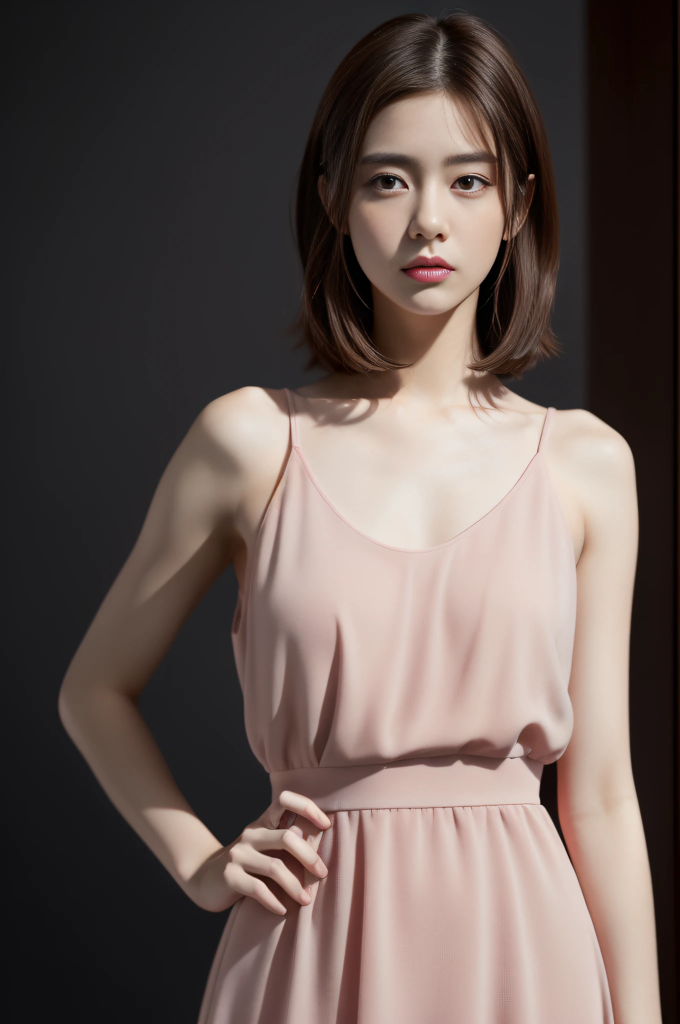 ((10: 1.27), top-quality, master-piece,Short straight brown hair,ultra-high resolution: 1.2) Photos of cute Japanese women (attractive:1.1),dark gray background,Pink short dress,good anatomy,Beauty style