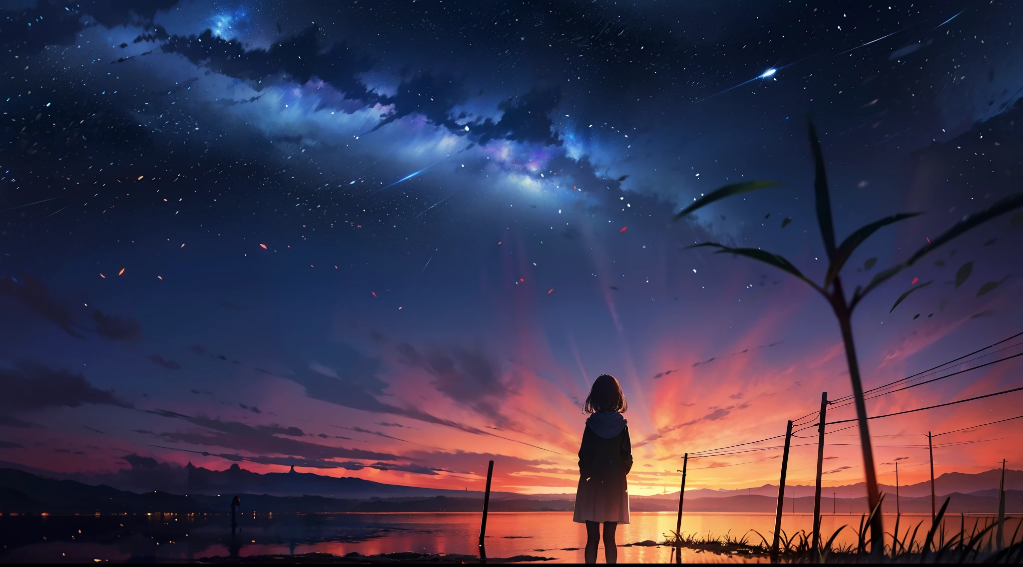 （（best qualtiy））， （（tmasterpiece））， （（Long-range shots）），early evening， A woman who is，Stand in the salt lake，The surface of the water is like a mirror，Reflecting the sky。Look at the sky，The Milky Way is in the sky。