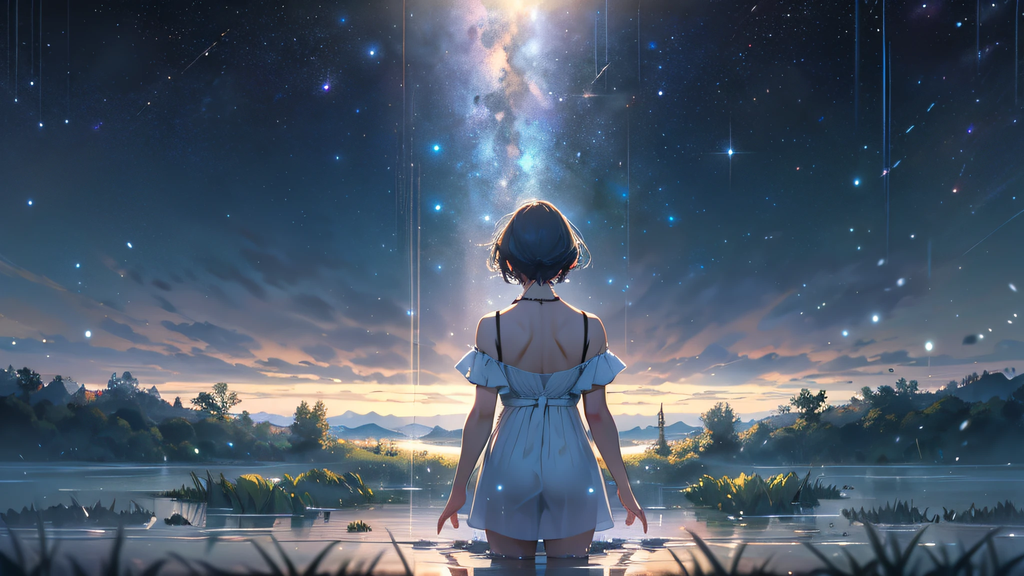 (Best quality), (masterpiece), (photorealistic), (realistic), ultra-detailed, unity 8k wallpaper, extremely detailed CG, ray tracking, sharp shadows, wonderful details, depth of field, Ultra detailed background, (background oriented, Horizon, reflection), starry sky twinkling in the fullness of the sky, Lots of water bubbles floating around. quiet night, midnight, wide shot, perfect lighting, panoramic view, dynamic shot, (1 girl, green short hair, white Slip Dress, back, standing):0.8, standing water's surface, Full body, distant view, face not visible, looking far away, nature spreading out, no civilization in sight, no buildings,