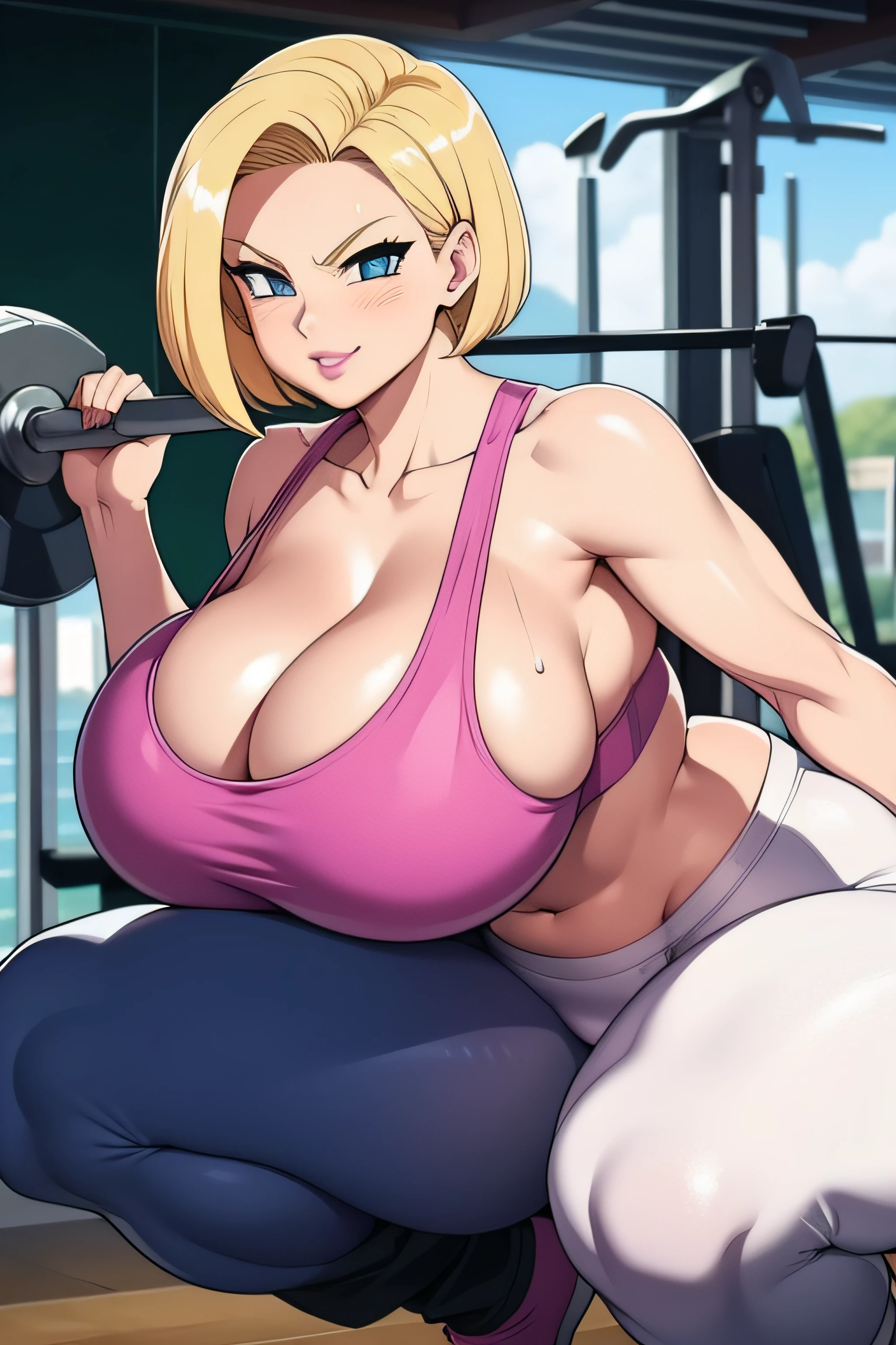 Dragon ball, android 18, 1girl, (((bimbo))), puffy lips, painted lips, thick lips, wide hips, thick thighs, big breast, huge ass, revealing cleavage, erotic, Smile face, bubble butt, camel toe, Breasts, white yoga pants, in the gym, lifting weights, white sports bra, squatting barbell, bending over, see through pants, sweat, Breasts popping out of top