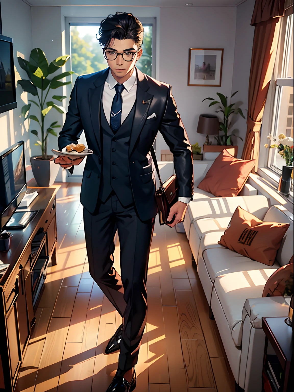 A Man, Wear a suit and leather shoes, Standing in the living room, Holding pastry in hand, Briefcase under his arm, during the day, Room, livingroom, Dining table, Detailed face depiction, Amazing costume depiction, Ultra HD, 8K, Vista, Upper body photo.