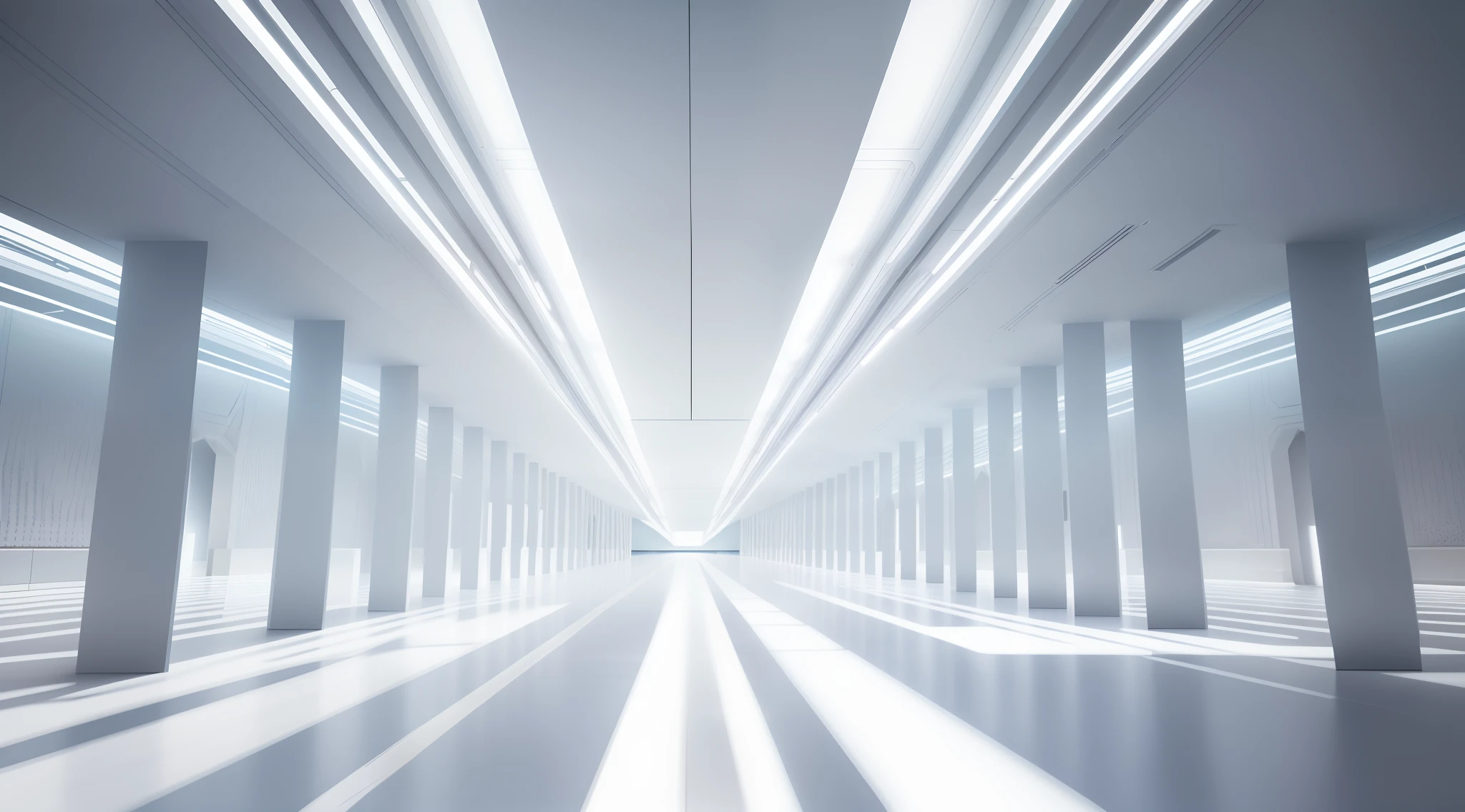 Image of Aalfed with a long corridor with white pillars and sky background, futuristic hall, volumetric lighting futuristic, futuristic lighting, infinite corridor, vanishing point perspective, infinite corridor, infinitely long corridors, indoor liminal space, Volumetric light, liminal space hallway, Volumetric light from below, volumettic light ， Surreal, Fluorescent lights on the ceiling