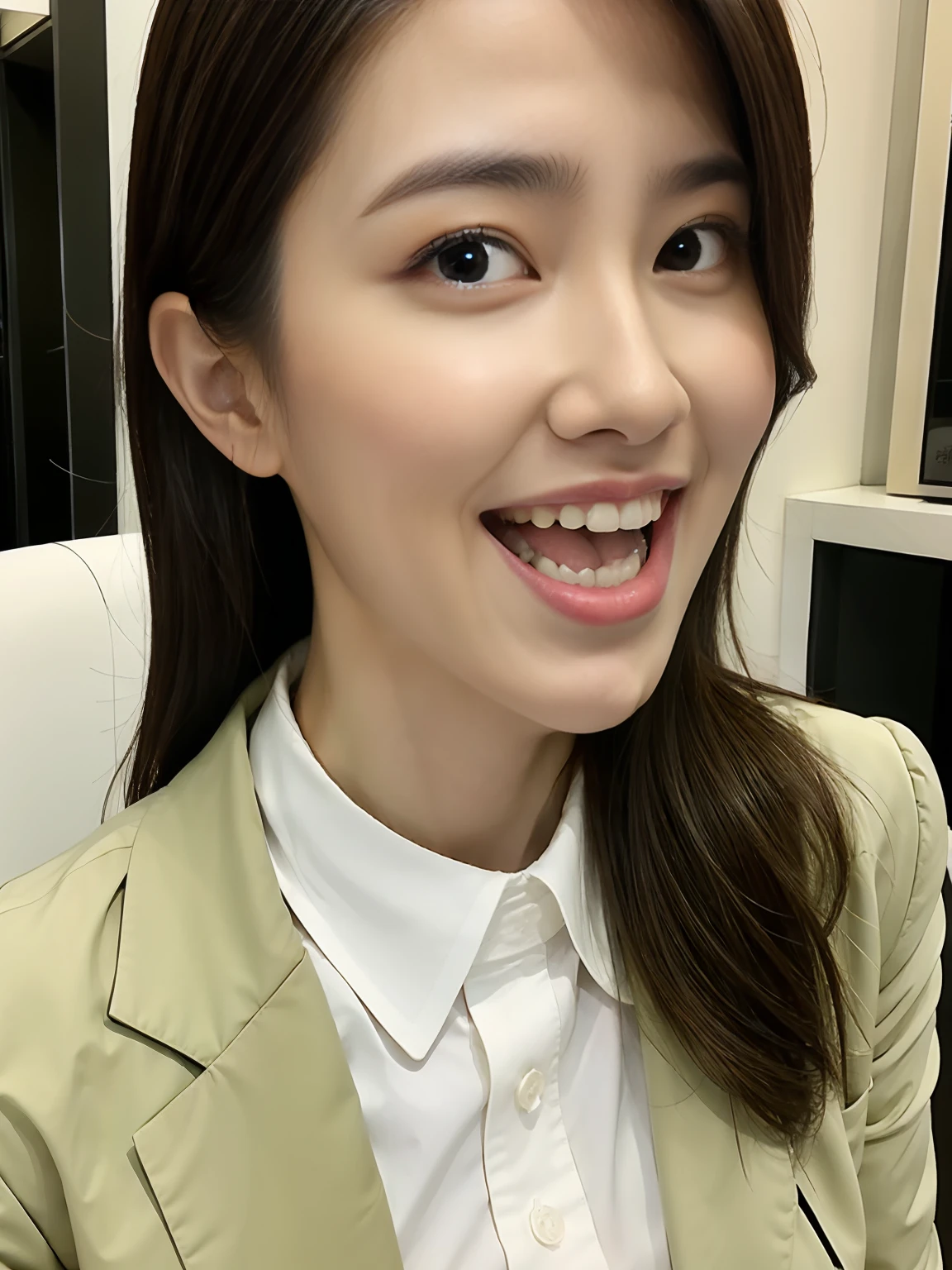 There is a girl who opens her big mouth and sticks out her long tongue,  [ Glossy black latex long sleeve suit]!!,  [ photos realistic ]!!
