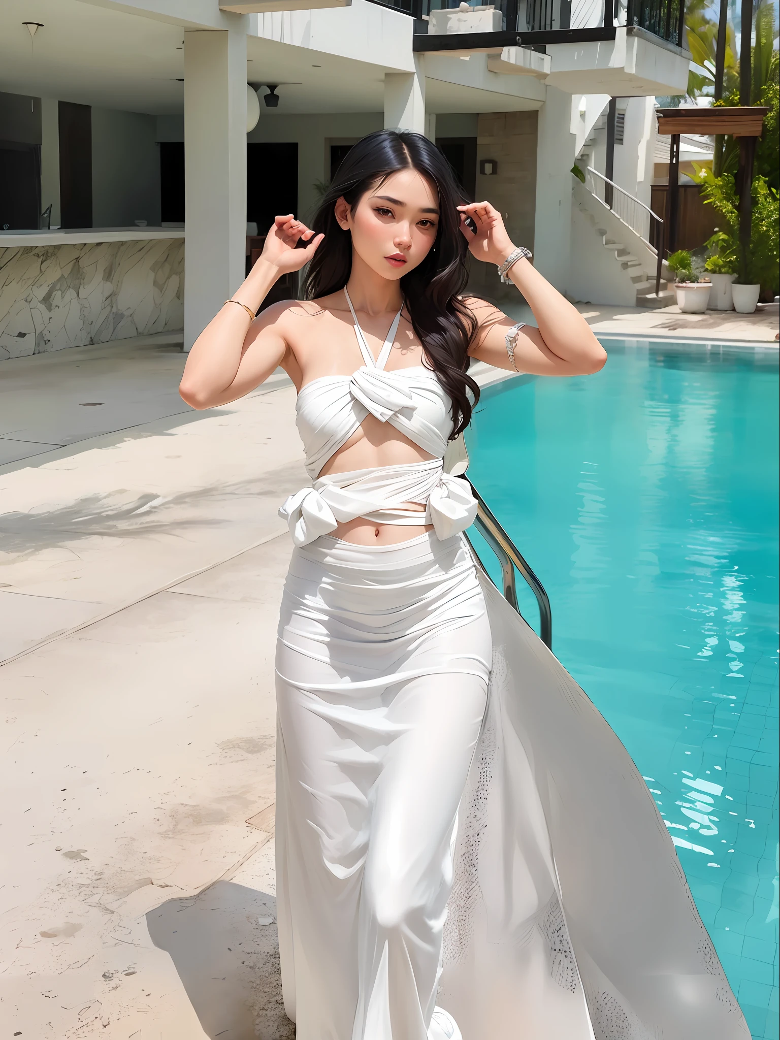 araffe woman in a white dress standing next to a pool, white sarong, wearing two - piece swimsuit, white silky outfit, white skirt and barechest, wearing toga, tube-top dress, white outfit, long dress, cindy avelino, full body white dress, wearing seashell attire, wearing a long dress, wearing white dress