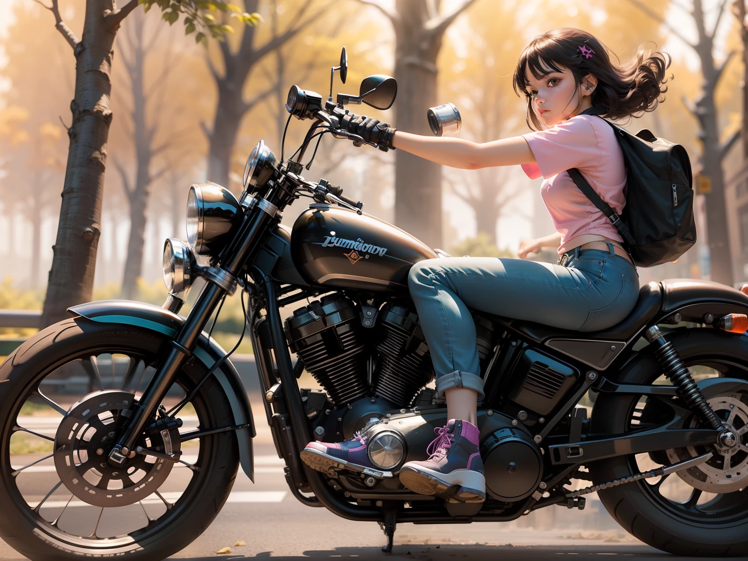 Beautiful lofi girl riding a massive black Harley Davidson motorcycle side view, one black shoe facing camera, dragging tin cans behind, side view, complete view of motorcycle and riding buddies like swiper, long shot, forest and country background, looking a little like Dora the explorer, bombing down the highway, wearing a pink tee shirt and blue jeans shorts, with a crazy determined look in her eyes, summer background scene, Adobe Photoshop, Realistic Digital Painting, Portrait, High Resolution, Warm light, Symbolic Art, photorealistic, hyper-detail, 24k resolution, in traffic police from behind, commuters in front.
preparing