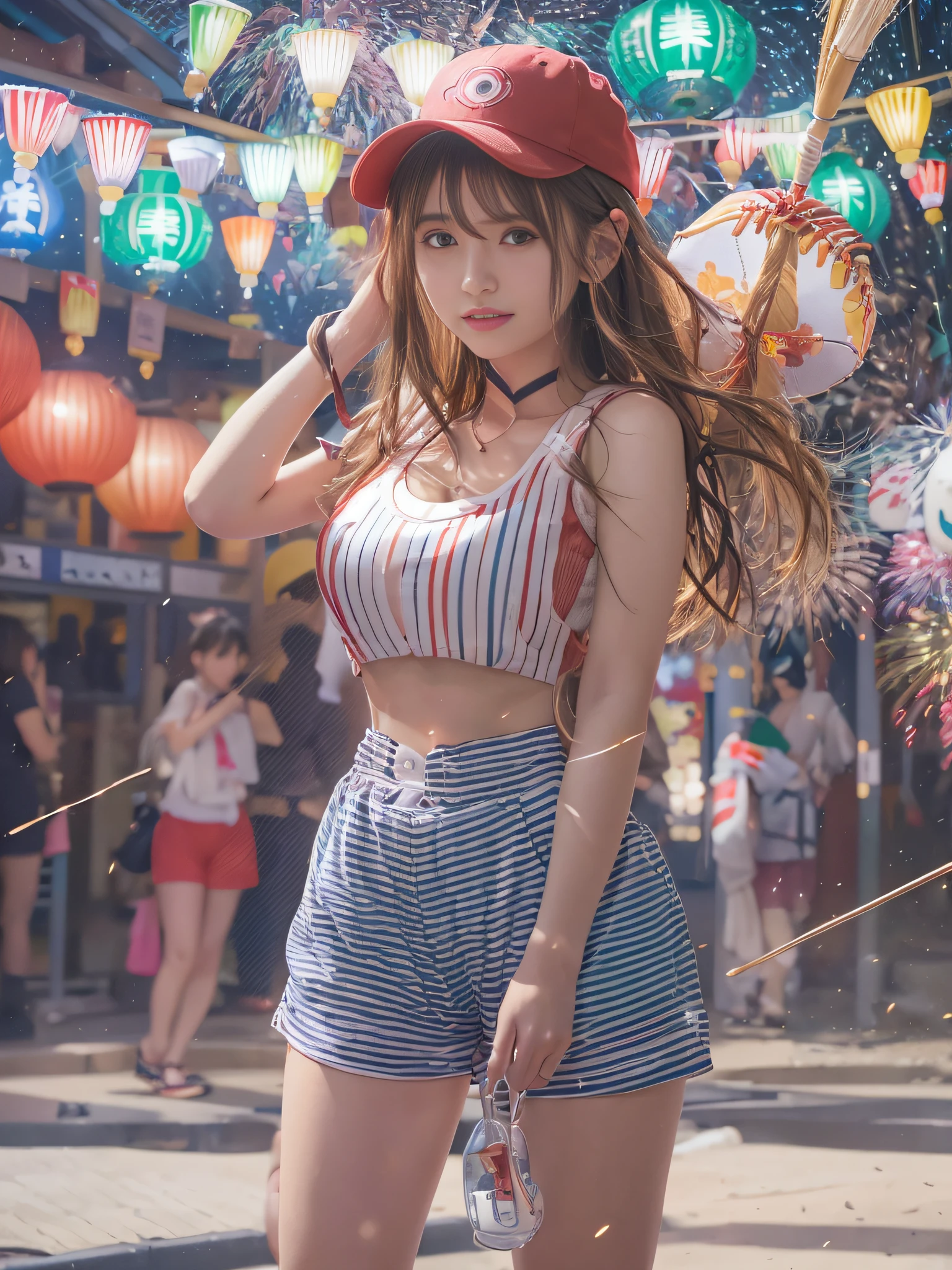 top-quality、masterpiece、超A high resolution、(Photorealsitic:1.4)、Raw photo、Detailed CG image quality、(Fireworks Festival:1.4)、Beautiful fece、1girl in、japanes、27yo、(blue eyess:1.2)、pink lipsticks、laugh face、(Brown hair:1.4)、skin tanned、(Baseball Cap:1.4)、(Short tank top:1.4)、(The underbust is visible:1.4)、(Low-rise shorts:1.2)、Large bust、cleavage of the breast、detailed portrait、8K picture quality、concept-art、Cinematic and dramatic atmosphere、(Shrine of Japan:1.2)、(Japan red and white lanterns:1.2)、Wind chimes、(Festival flag,)、Paper decoration、foco nítido、Volumetric lighting、Cinematographic lighting、Colorful neon lighting、depth of fields、Ambient lighting、Blurred foreground、blurry backround:1.3、portlate