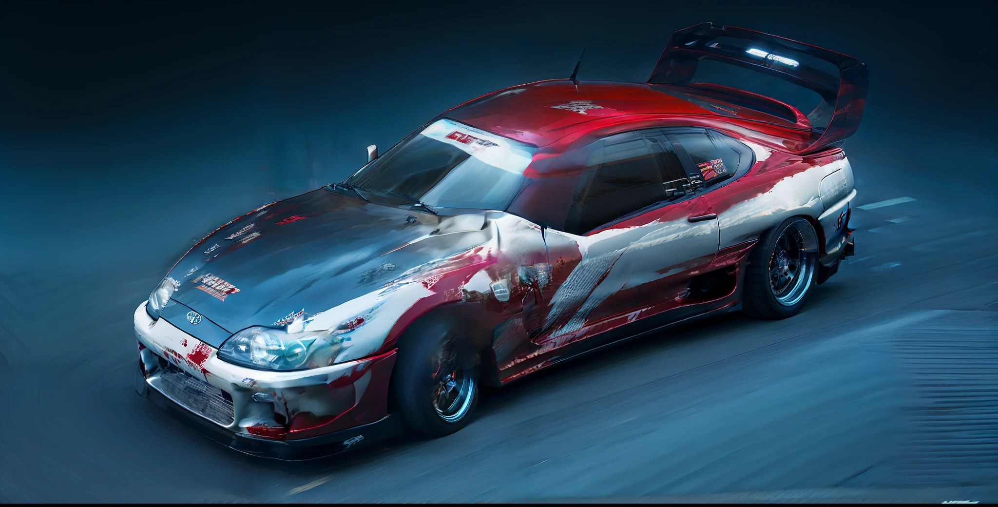 arafed car with a red and white paint job on the hood, japanese drift car, highdetailed, hyperdetailed!, toyota jzx 1 0 0 drift, anime car wrap, koyoharu gotouge, hyperdetailed!!, takata yamamoto style, hyper realistic ”, hyper detailed!!, hyper realistic”, high detail!!, realistic paint job