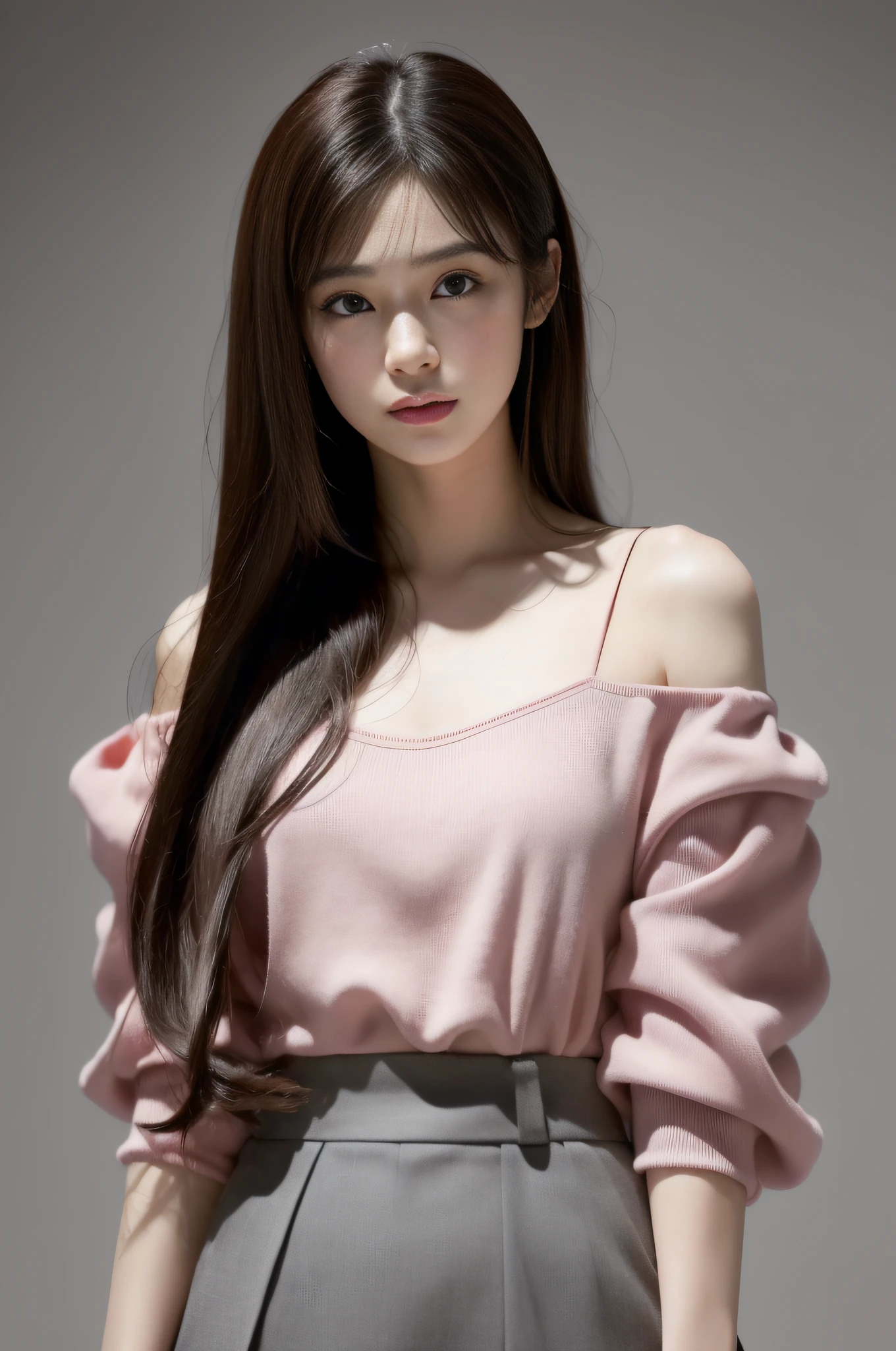 ((10: 1.27), top-quality, master-piece,Hold the product in your hand..,long-haired, Straight brown presenter,ultra-high resolution: 1.2) Photos of cute Japanese women (attractive:1.1),dark gray background,Sexy pink open-shoulder shirt,good anatomy,Beauty style