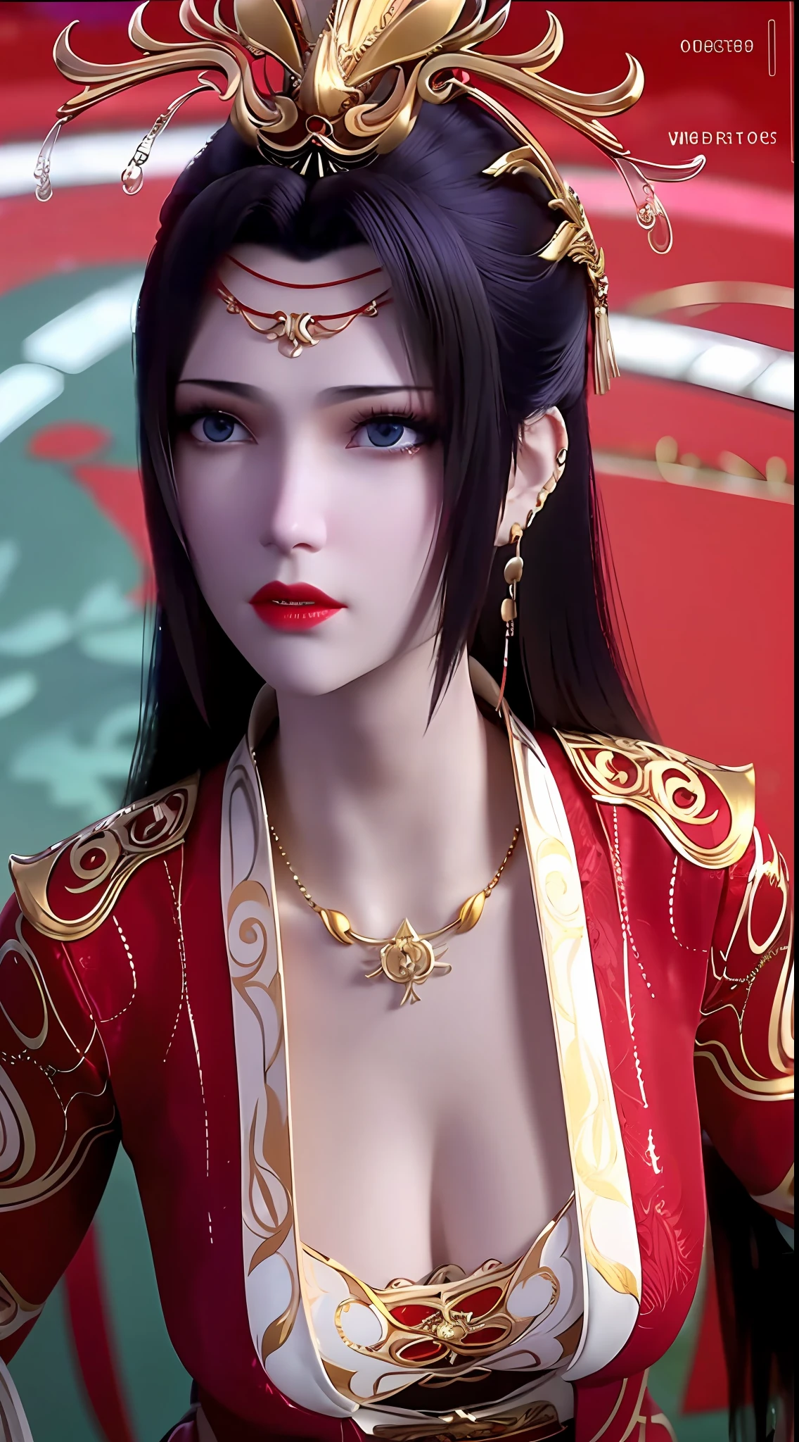 1 beautiful girl in a red costume, thin red silk shirt with many yellow motifs, black lace top, long hair dyed black, beautiful hair jewelry, pretty face pretty and cute, perfect face, earring jewelry, head and hair jewelry, antique jewelry, light blue eyes, sharp eye makeup, meticulous makeup eyelashes, thin eyebrows, nose tall, pretty red lips, no smile, pursed lips, rosy cheeks, breast augmentation, wide breasts, big breasts, well-proportioned breasts, slim waist, red mesh stockings with black lace, Chinese hanfu style, fictional art patterns, colors vivid and realistic, RAW photos, realistic photos, ultra-high quality 8k surreal photos, cool photos, (virtual lighting effects: 1.8), 10x pixels, magic effects (background): 1.8), super detailed eyes, beautiful girl body portrait, girl alone, ancient hanfu background, looking directly at the audience, wide original photo, 8k quality, super sharp, detailed and clear picture best, detailed light background,