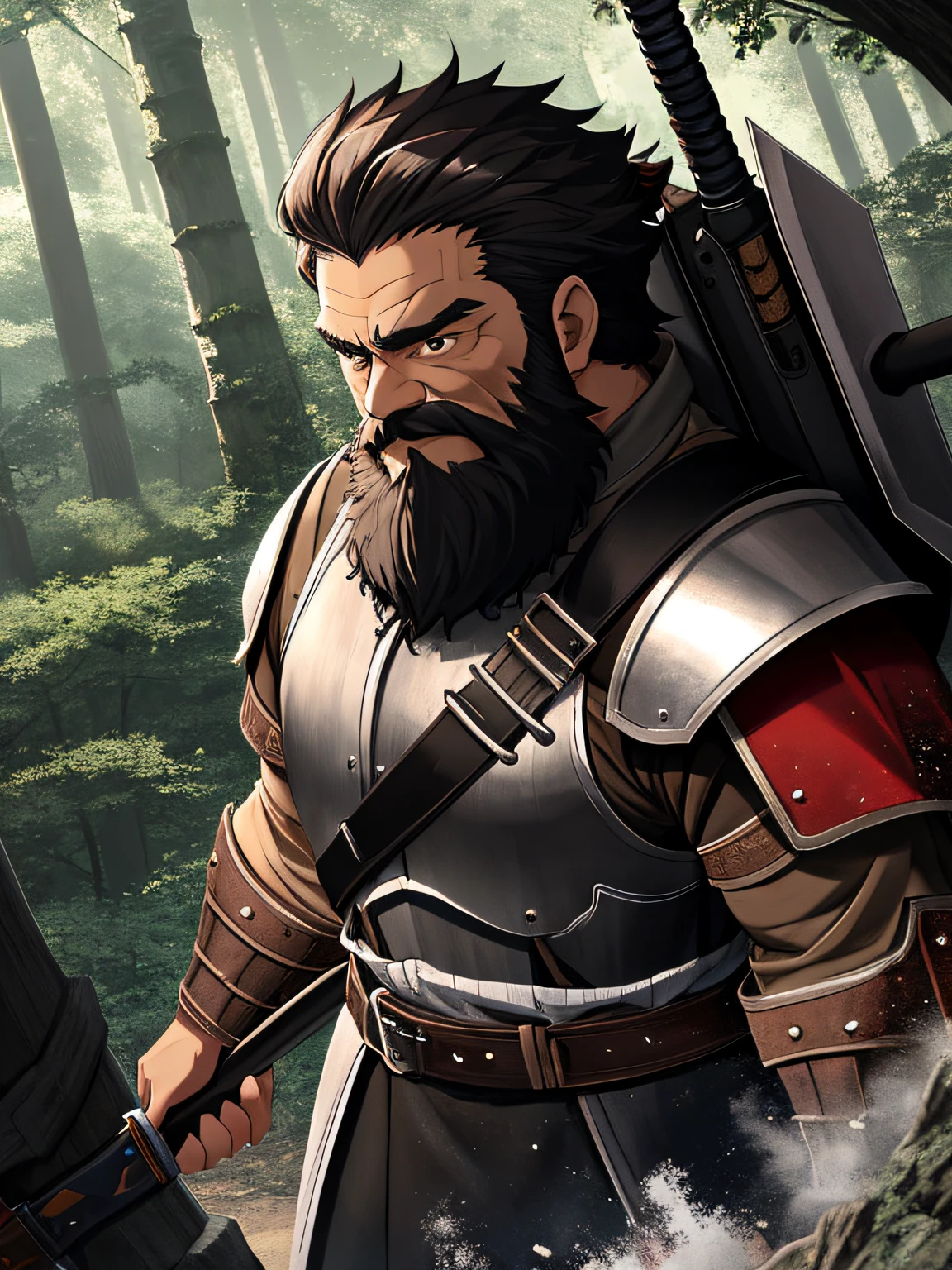 top-quality:1.0)、(超A high resolution:1.0)、well-muscled、good physique、oud、Dwarf middle-aged man in anime、Bearded、Wrinkled、short dark hair、Black eyes、Dressed in armor、battleaxe、Great weapons、Weapons on the back、Western fantasy forest background、