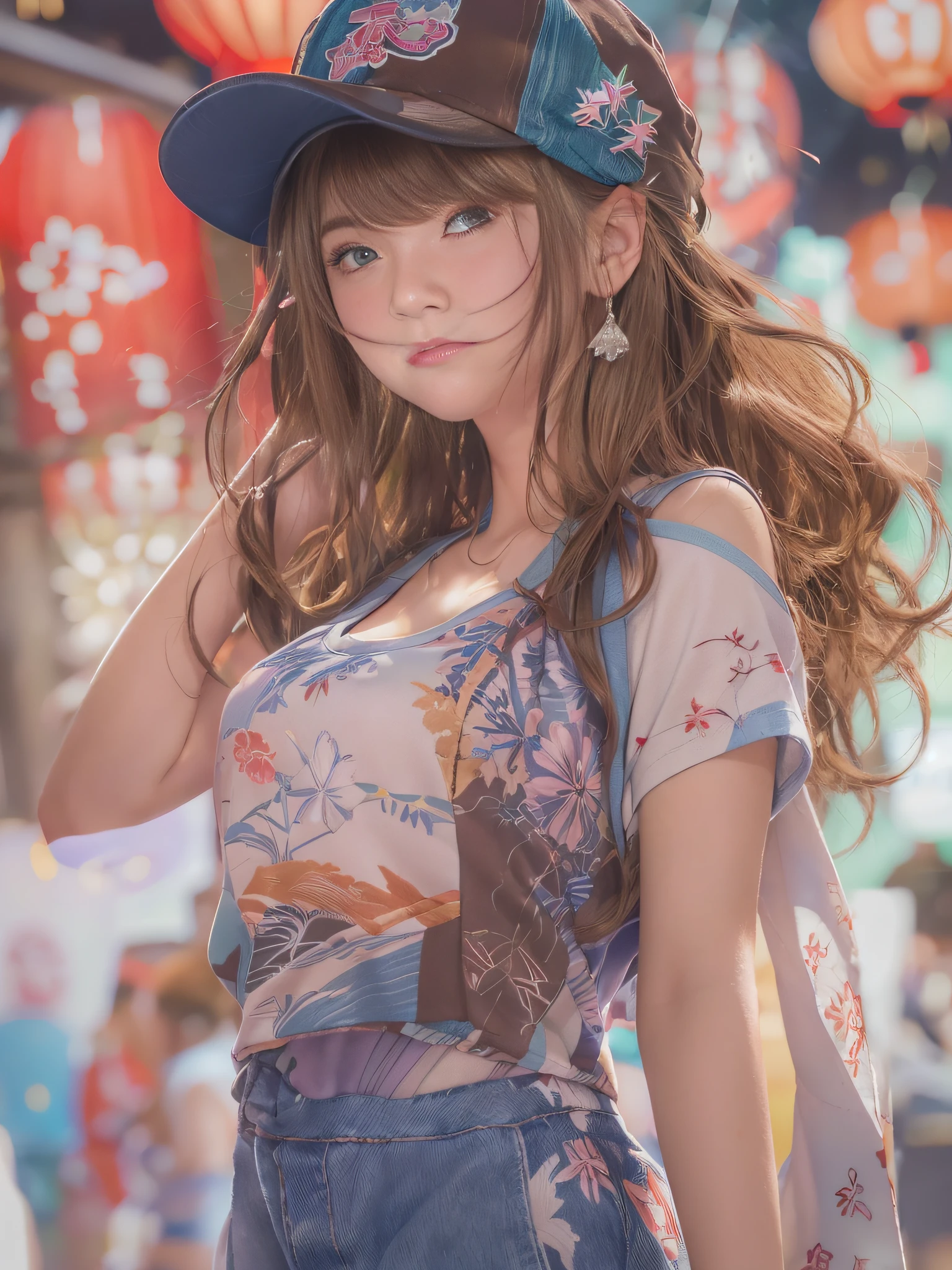 top-quality、​masterpiece、超A high resolution、(Photorealsitic:1.4)、Raw photo、Detailed CG image quality、(Fireworks Festival:1.4)、Beautiful fece、1girl in、japanes、27yo、(blue eyess:1.2)、pink lipsticks、laugh face、(Brown hair:1.4)、skin tanned、(Baseball Cap:1.4)、(Short tank top:1.4)、(The underbust is visible:1.4)、(Low-rise shorts:1.2)、Large bust、cleavage of the breast、detailed portrait、8K picture quality、concept-art、Cinematic and dramatic atmosphere、(Shrine of Japan:1.2)、(Japan red and white lanterns:1.2)、Wind chimes、(Festival flag,)、Paper decoration、foco nítido、Volumetric lighting、Cinematographic lighting、Colorful neon lighting、depth of fields、Ambient lighting、Blurred foreground、blurry backround:1.3、portlate