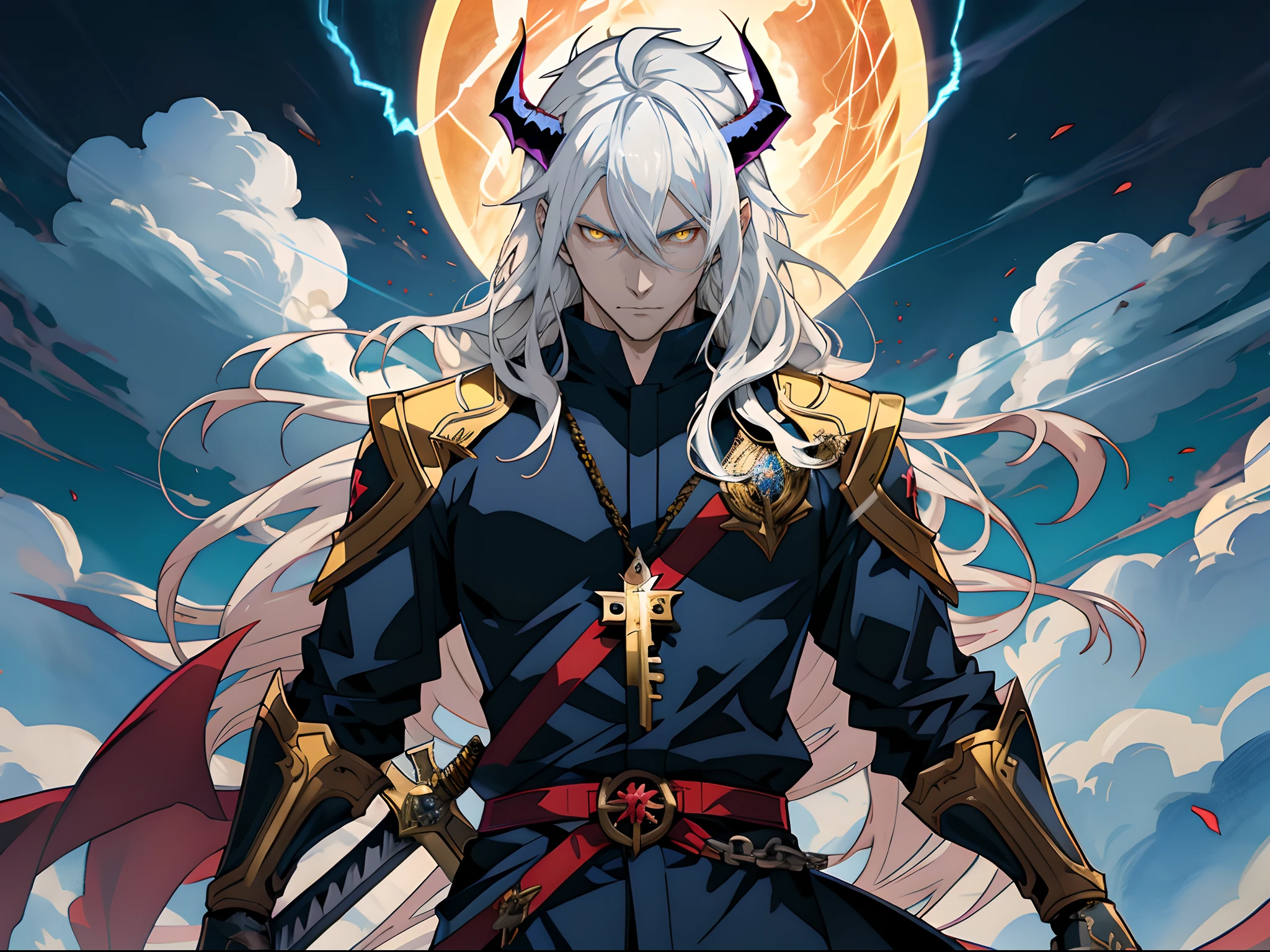 White long-haired anime character, Yellow eyes and sword stand in front of Lightning, Detailed key anime art, White-haired god, Key anime art, detailed anime character art, shadowverse style, handsome guy in demon killer art, full art, rimight, high detailed official artwork, Detailed digital anime art, casimir art, offcial art, detailed anime art, the former demon king