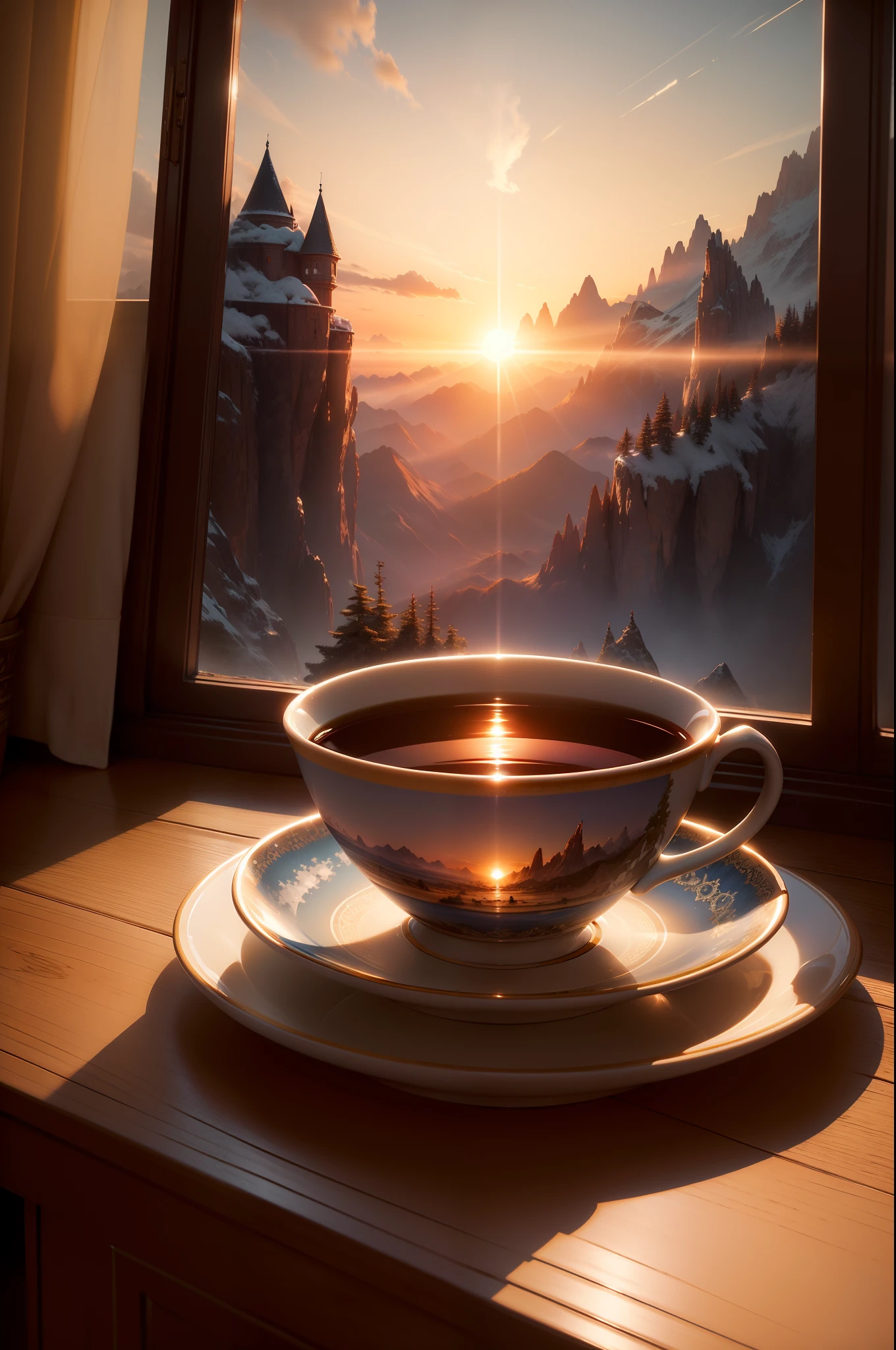 (masterpiece, best quality:1.2), ultra detailed, cinematic lighting, HDR, landsape, sunrise, impressive, chill, inspirational,tea cup ,window,no human, 16k
