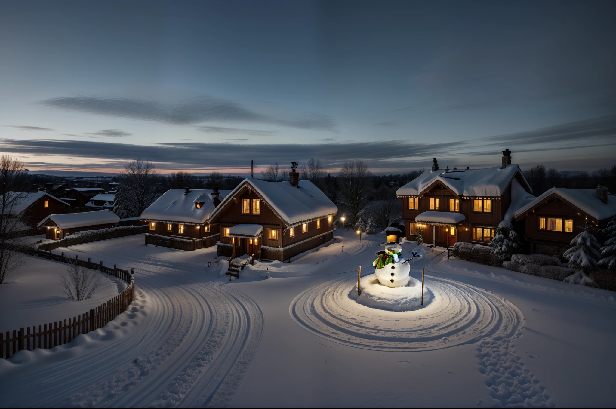 early evening,Overlooking the whole village,Panoramic views of the village,The whole village is covered in snow,A fenced yard,The chimney of the house smoked,The windows sparkled,There is a snowman built by children at the intersection。