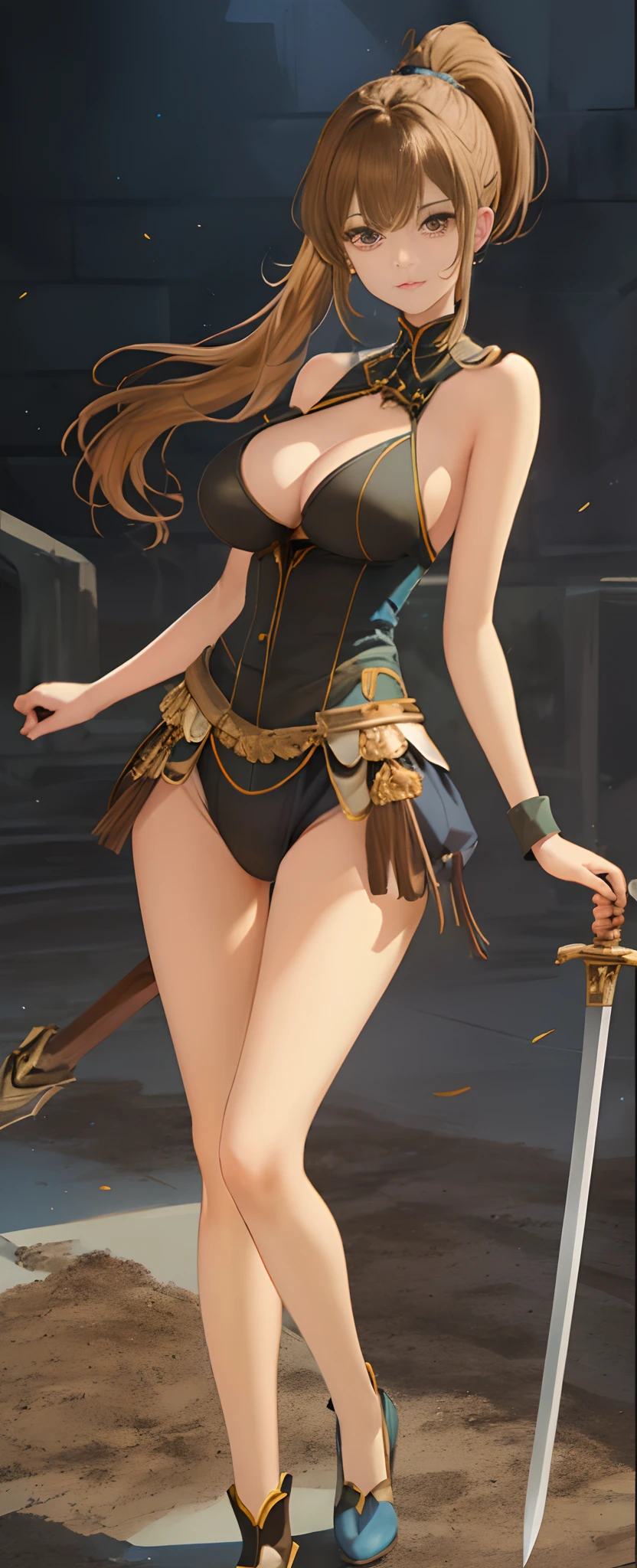 tmasterpiece, Best quality, 1个Giant Breast Girl!,Best shadow,,Yellow-brown hair,plump and slender girl,With a high ponytail, Eyeballs green,It shows a delicate and slender figure and beautiful curves,Limbs with correct and reasonable position!Hold a wooden sword in your left hand,At the training ground,In the gladiatorial arena,depth of fields,Delicate background,There are stakes in the background,detail in face!Delicate facial features,Pay attention to the details of the position of the legs!Pay attention to the details of your fingers!high high quality!More eligible!Reduce errors,Ultra-detailed CG,The picture is more reasonable。