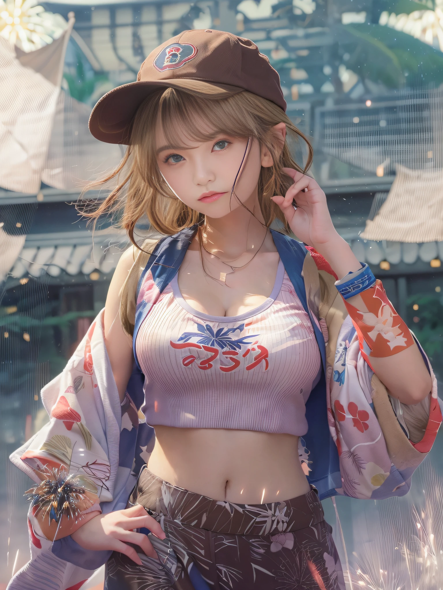 top-quality、masterpiece、超A high resolution、(Photorealsitic:1.4)、Raw photo、Detailed CG image quality、(Fireworks Festival:1.4)、Beautiful fece、1girl in、japanes、27yo、(blue eyess:1.2)、pink lipsticks、laugh face、(Brown hair:1.4)、skin tanned、(Baseball Cap:1.4)、(Cropped tank top:1.4)、(The underbust is visible:1.4)、(Low-rise shorts:1.2)、Large bust、cleavage of the breast、detailed portrait、8K picture quality、concept-art、Cinematic and dramatic atmosphere、(Shrine of Japan:1.2)、(Japan red and white lanterns:1.2)、Wind chimes、(Festival flag,)、Paper decoration、foco nítido、Volumetric lighting、Cinematographic lighting、Colorful neon lighting、depth of fields、Ambient lighting、Blurred foreground、blurry backround:1.3、portlate