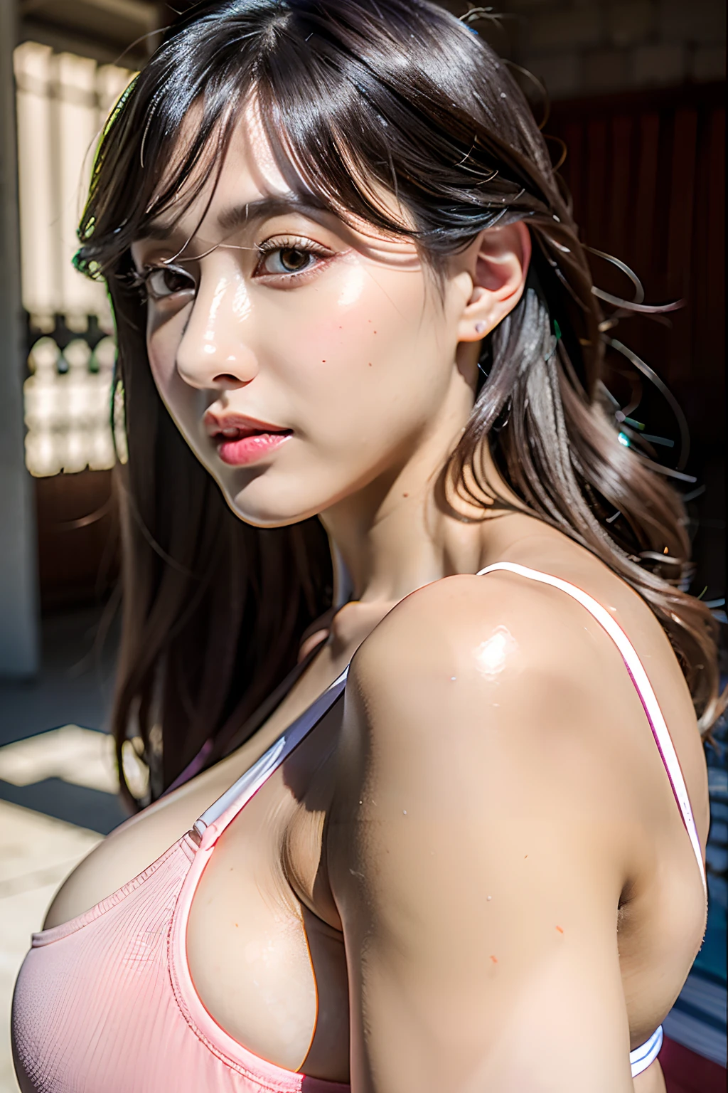 "best quality, ultra high res, (photorealistic:1.4), 1girl, (faded ash gray hair:1), (huge breasts:1.2), looking at viewer, closeup" n0r4f, busty, side view, puffy, soft detailed boobs, pink nipples
