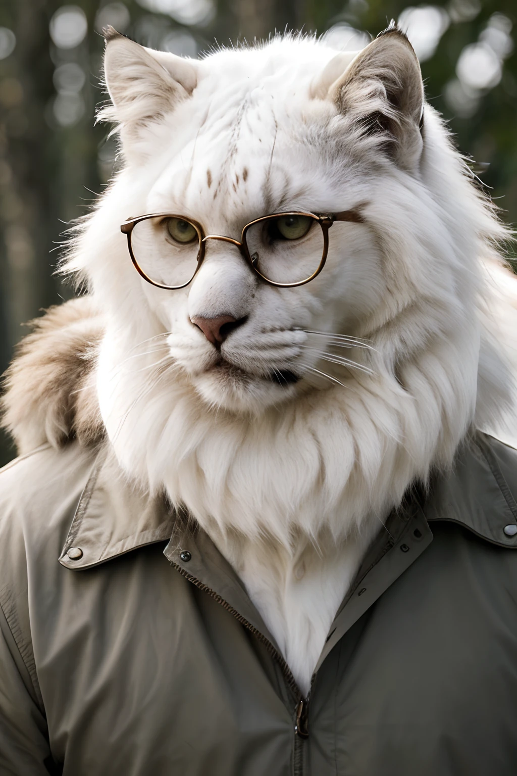 big cat , dangerous, ferocious, white fur, glasses