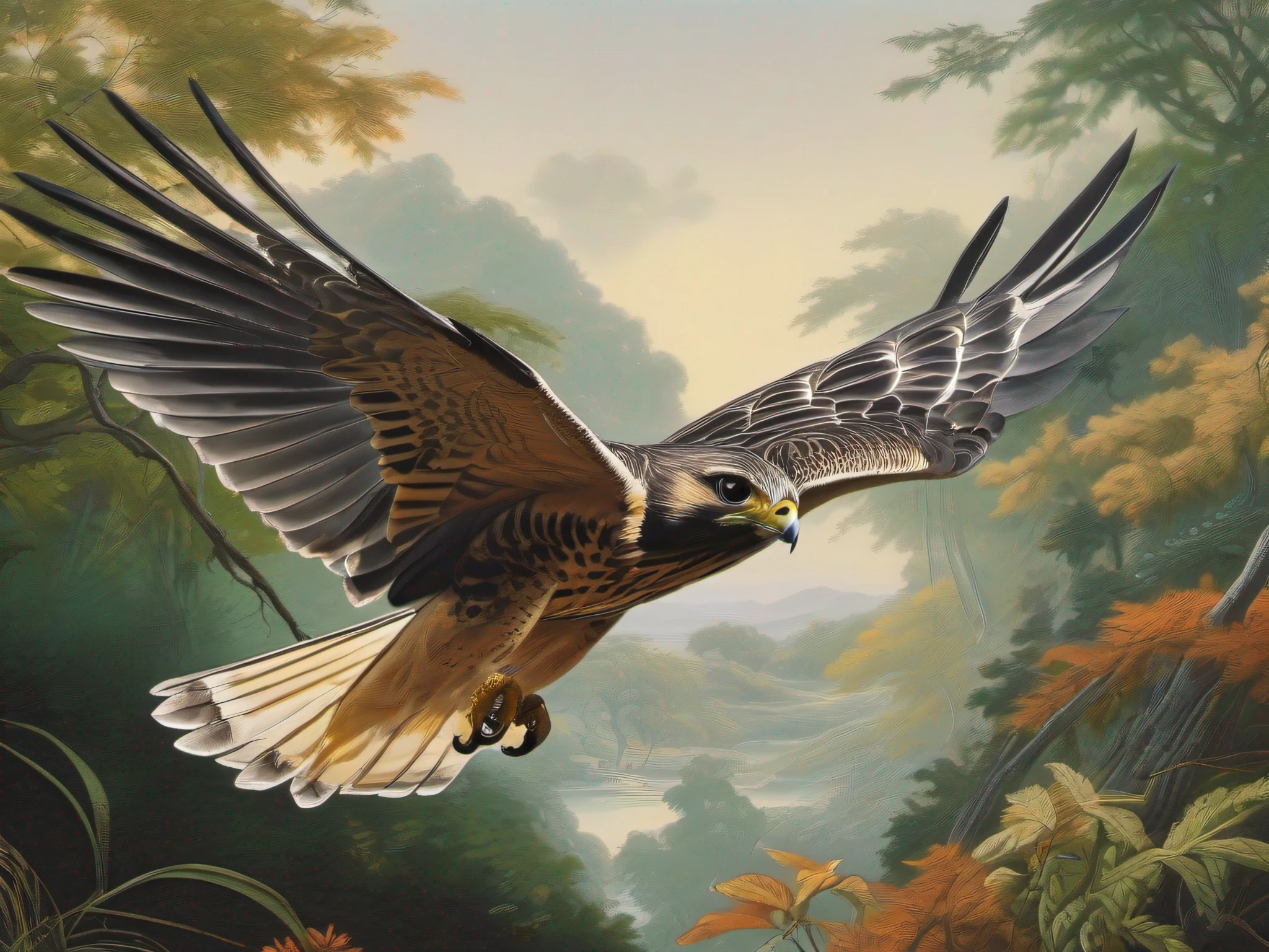 (Best Quality, tmasterpiece: 1.1), illustartion, Falcon-Gamayun in flight, Complicated details, chilling, excitement, Hyper-realistic, insanely detailed, ((Kazuo Oga Style, John James Audubon)), --AR 3:4 --s 750