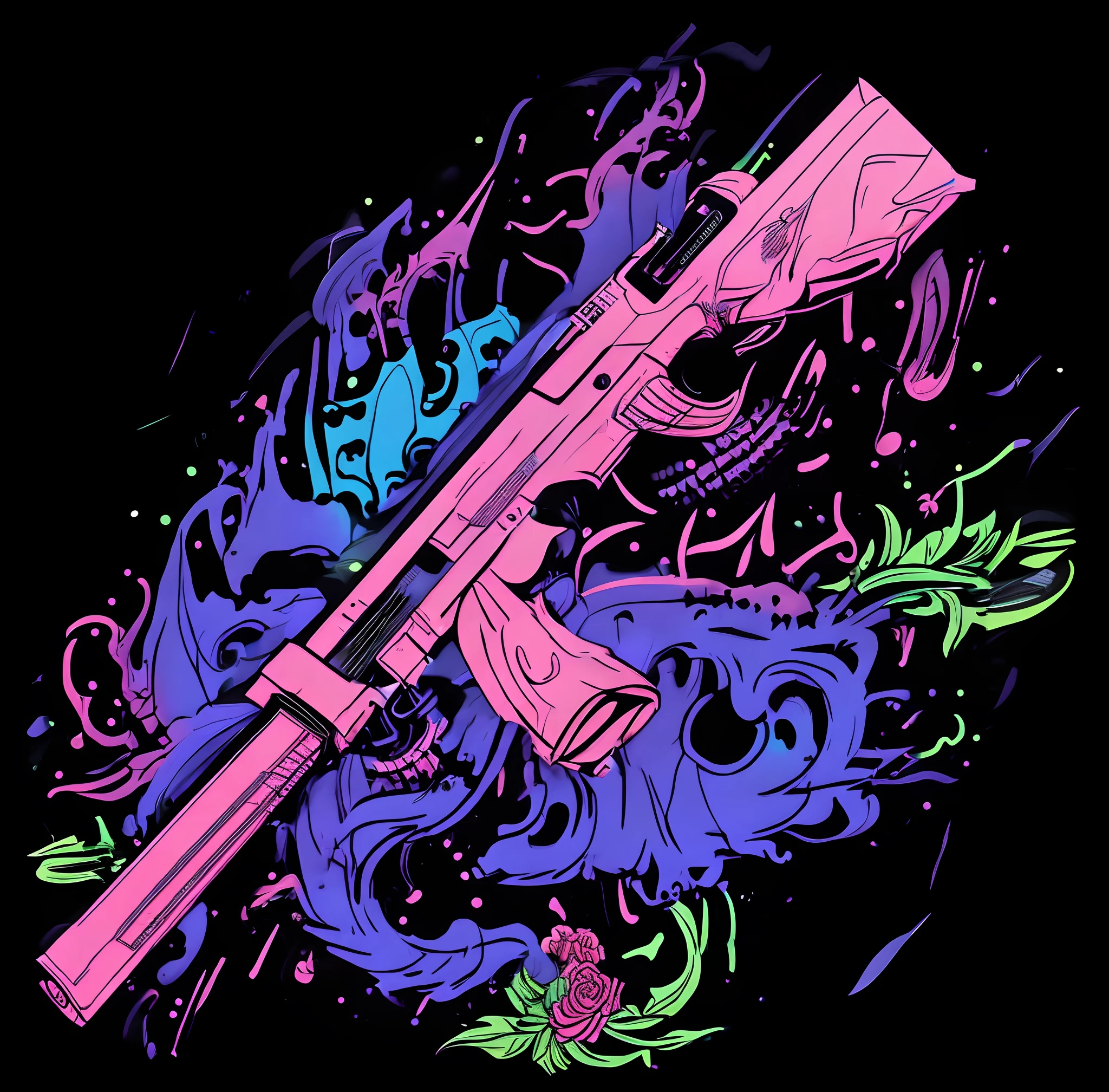 Um close up de um AK rosa - rifle 47 com rosas azuis, close up armas e rosas, Obra-prima estilo Vaporwave, Arte Vaporwave, Vaporwave Maximalista, vaporwave aesthetics, floralpunk, vaporwave desenho animado, Estilo Vaporwave, nostalgia vaporwave, blacklight aesthetic, hip hop vaporwave, vaporwave aesthetics, Maximalismo maximalista Vaporwave